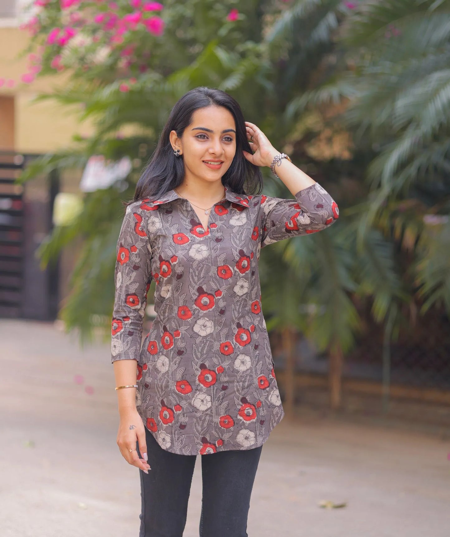Grey Handblock Cotton Short Top with Red Blossom