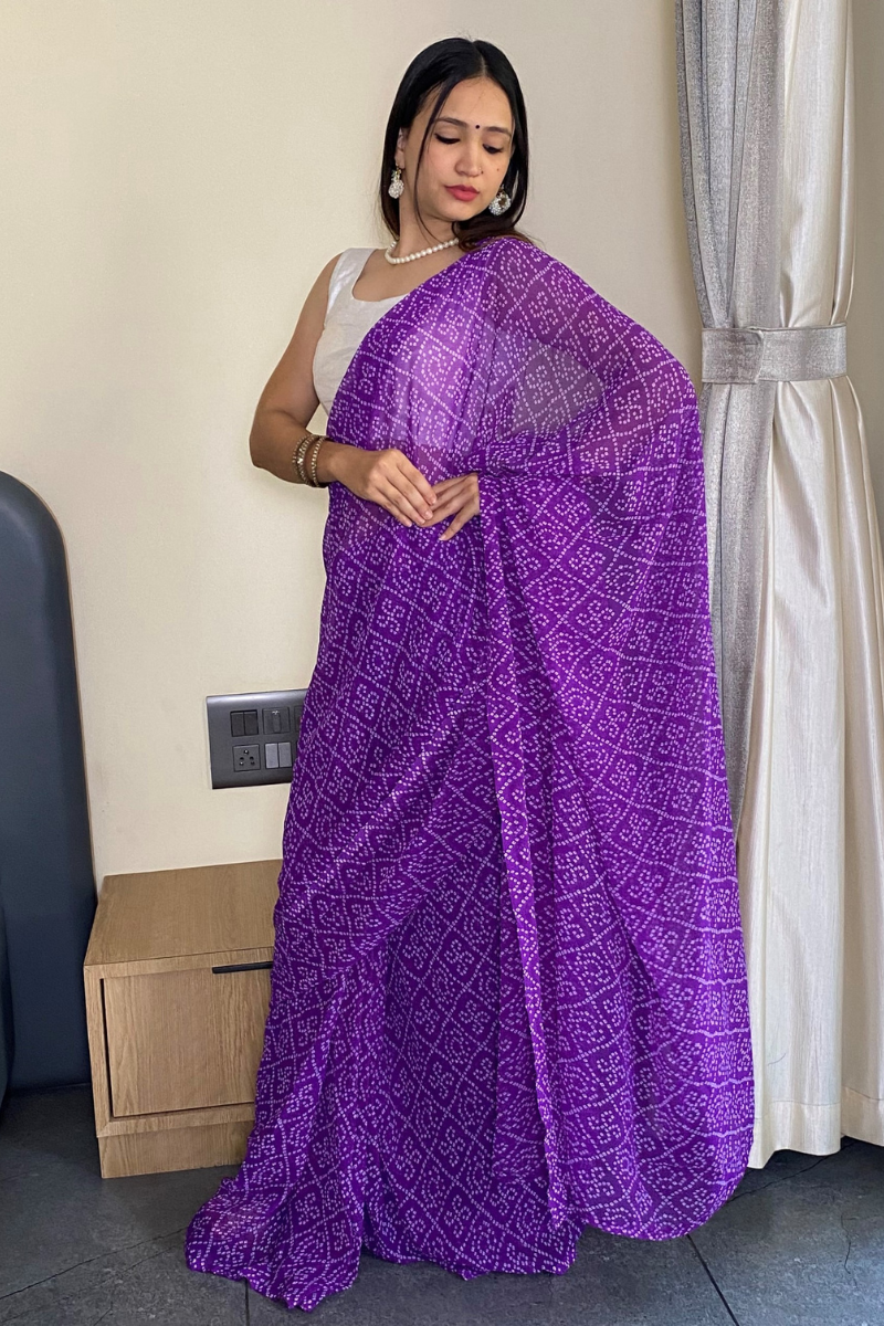 1 Min Ready to Wear Beautiful Bandhani Print Purple Saree