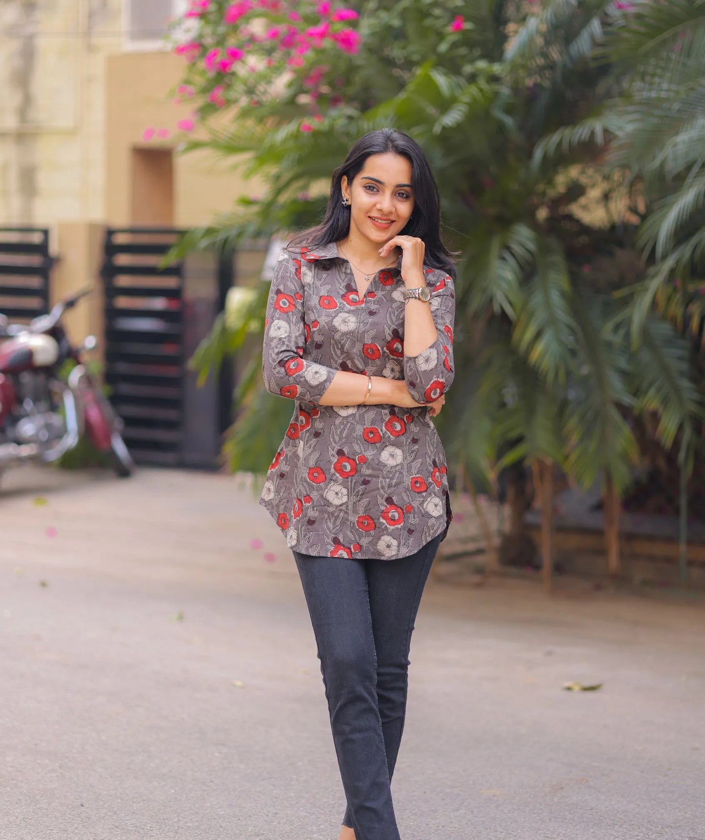 Grey Handblock Cotton Short Top with Red Blossom