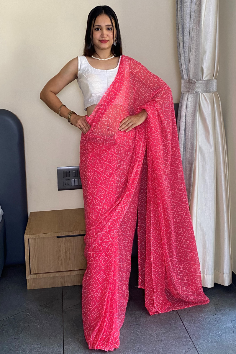 1 Min Ready to Wear Beautiful Bandhani Print Pink Saree