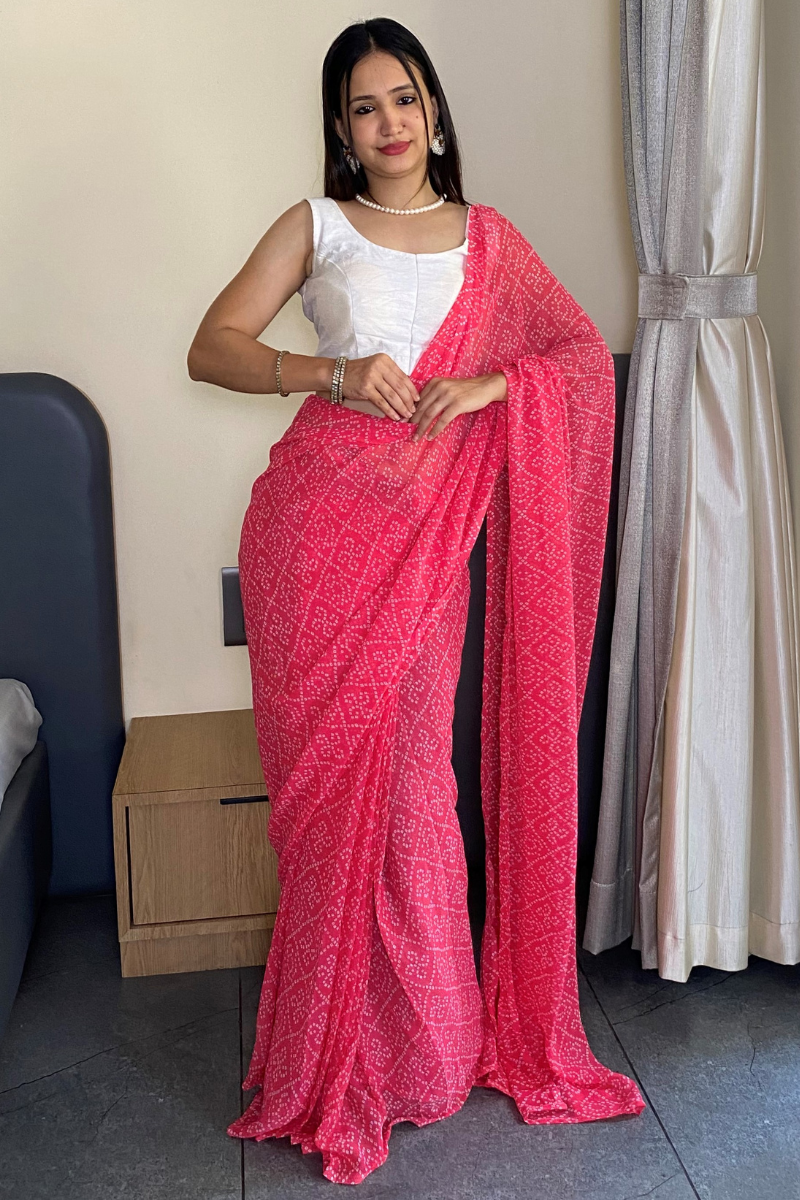 1 Min Ready to Wear Beautiful Bandhani Print Pink Saree