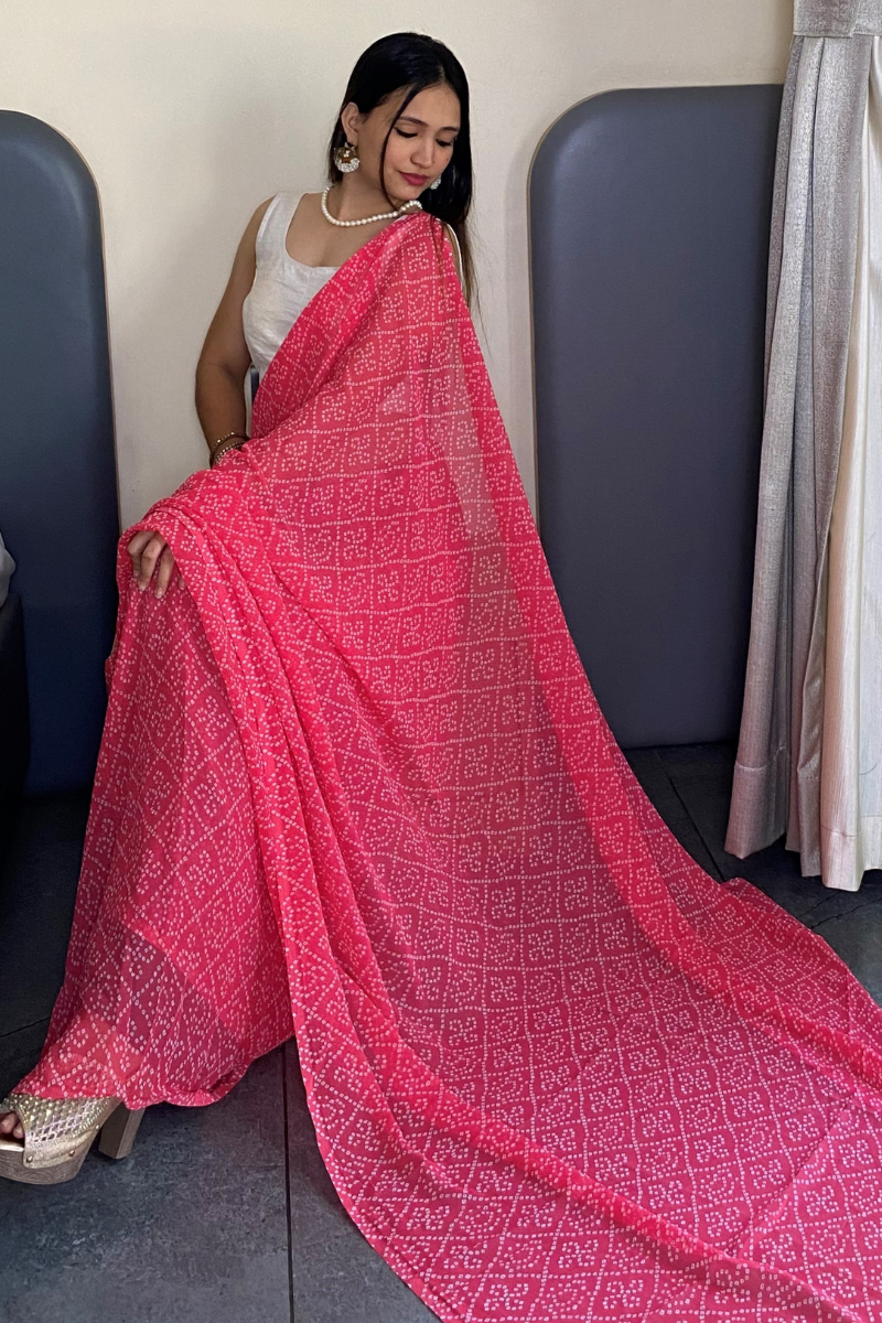 1 Min Ready to Wear Beautiful Bandhani Print Pink Saree