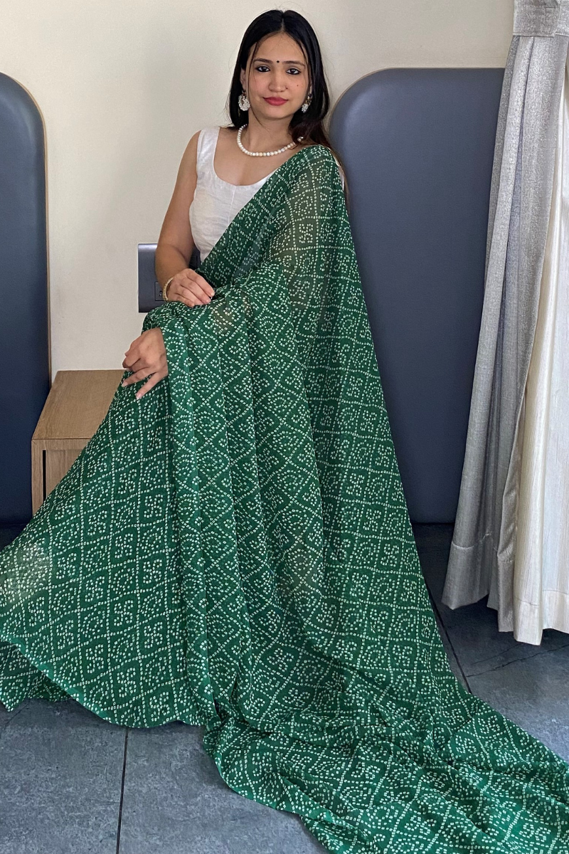 1 Min Ready to Wear Beautiful Bandhani Print Green Saree