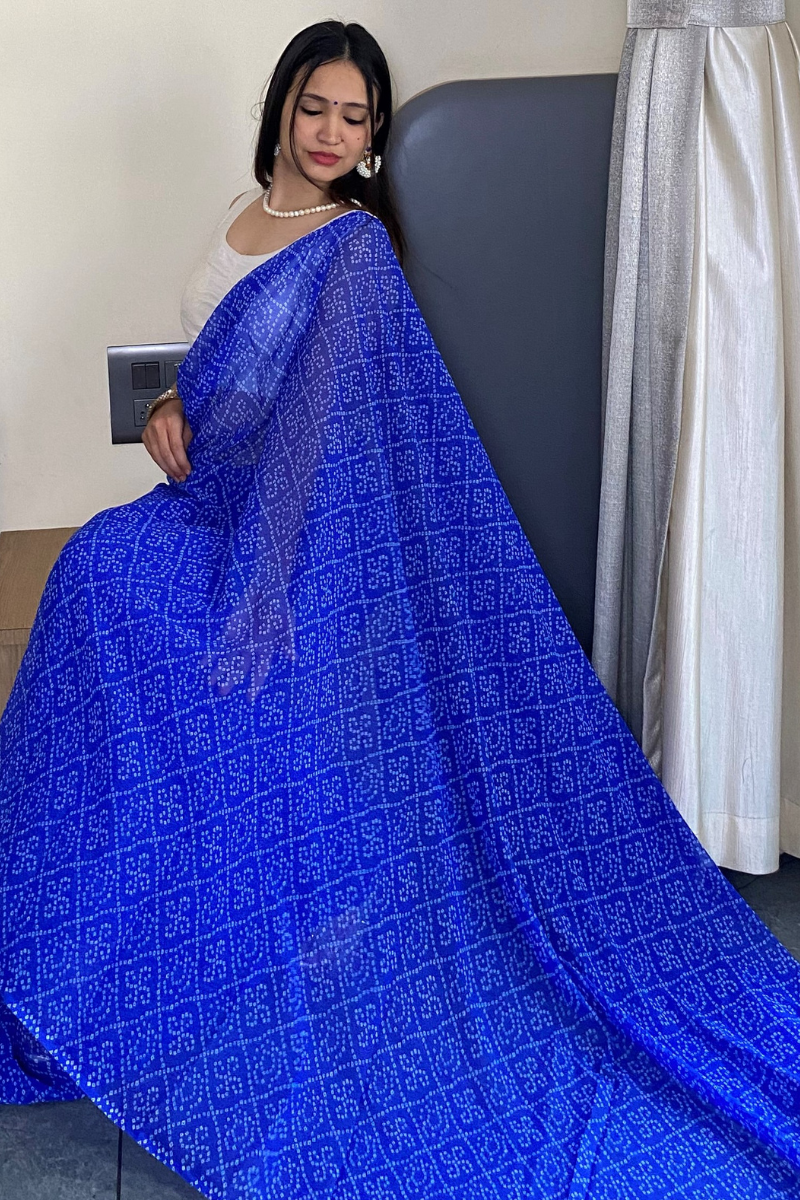 1 Min Ready to Wear Beautiful Bandhani Print Blue Saree