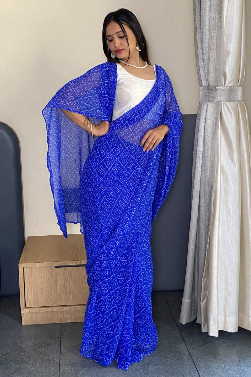 1 Min Ready to Wear Beautiful Bandhani Print Blue Saree