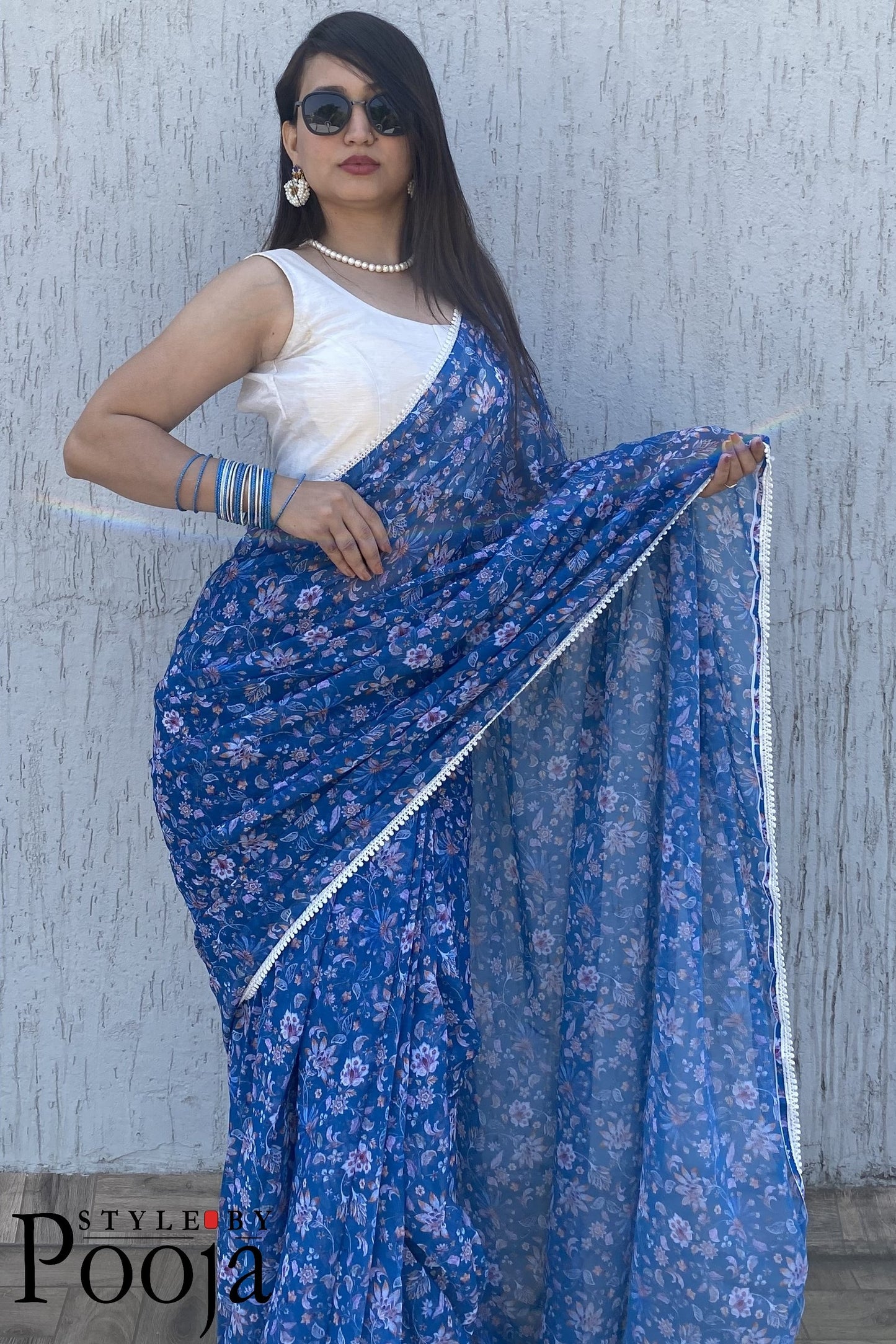 1 Min Ready to Wear Blue & White Digital Print Georgette Saree