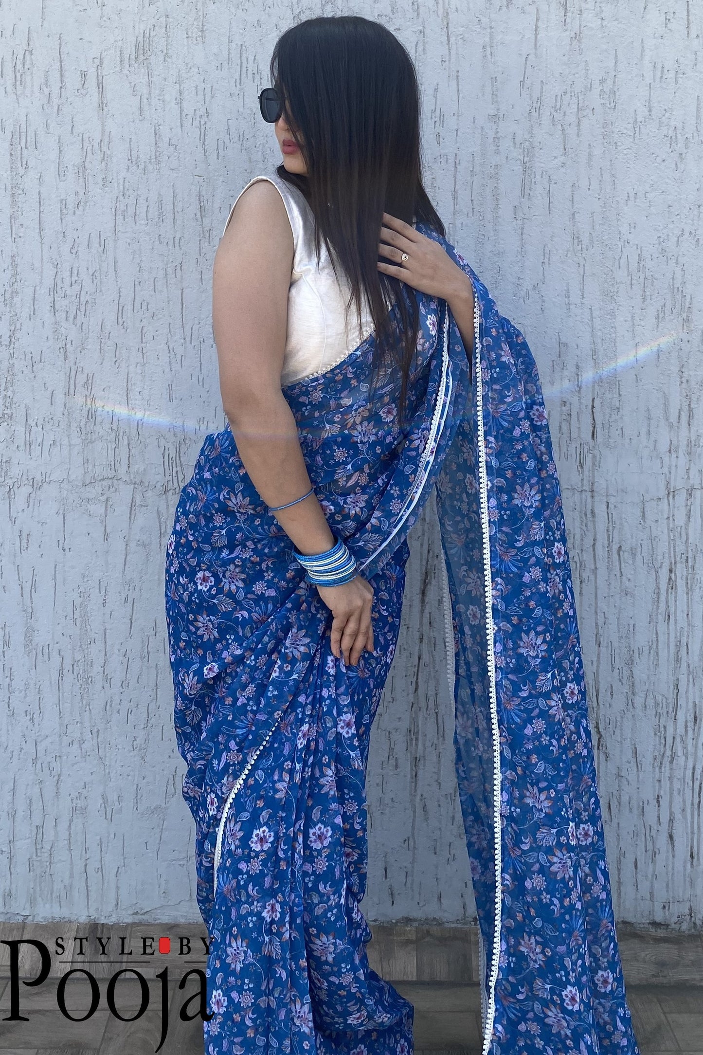 1 Min Ready to Wear Blue & White Digital Print Georgette Saree