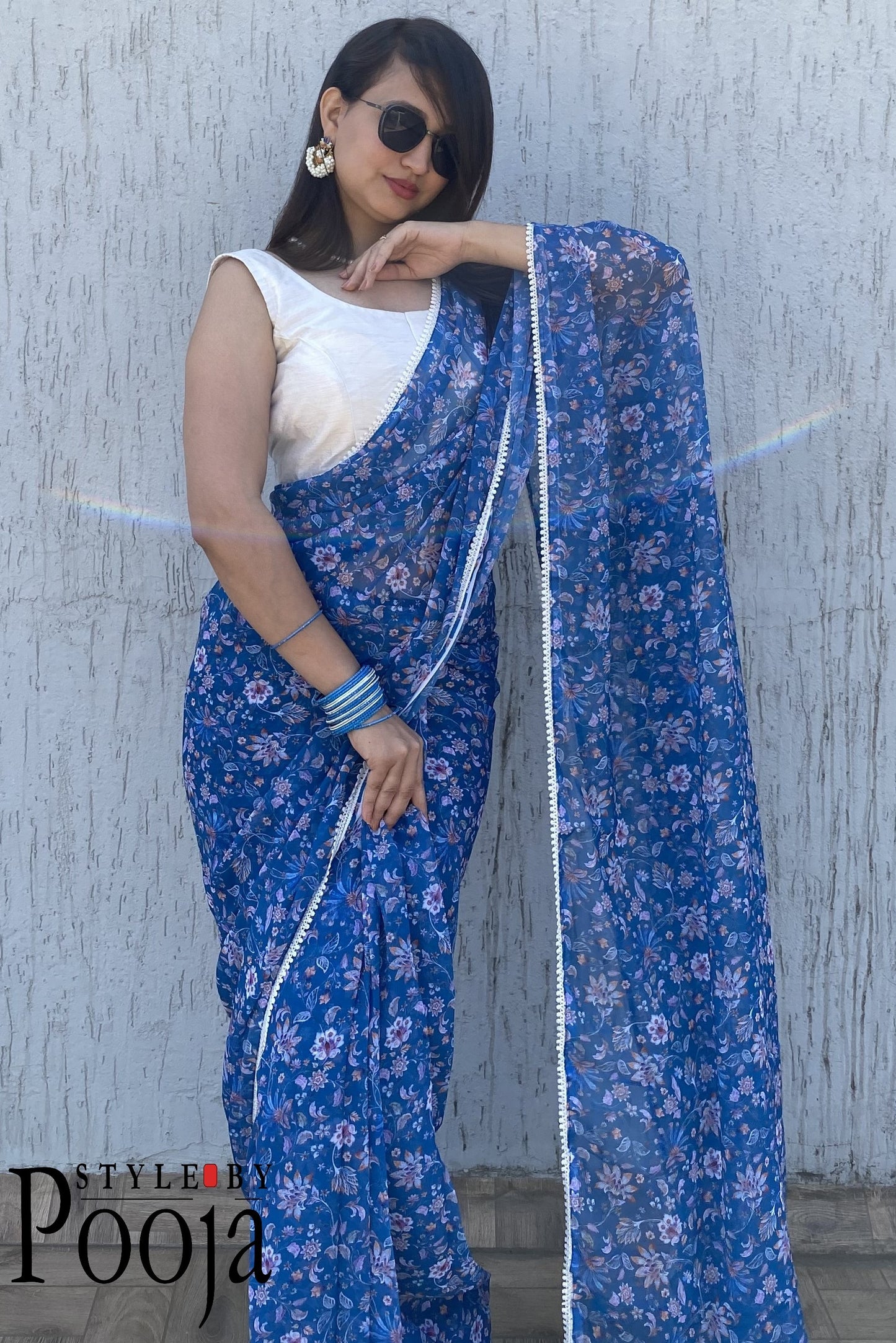 1 Min Ready to Wear Blue & White Digital Print Georgette Saree