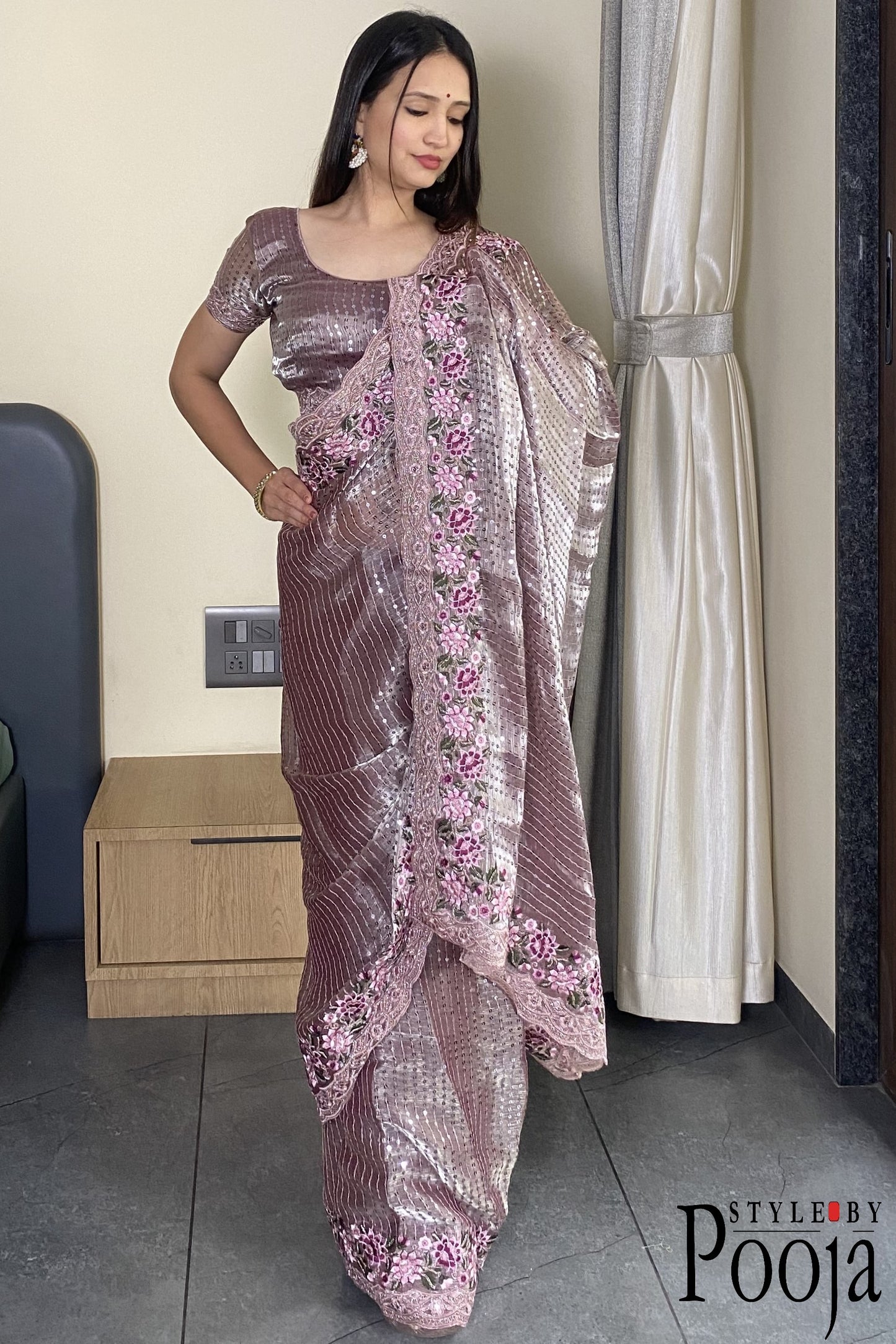 Pink Color Heavy Thread Zari With Coding Sequins Work Designer Saree