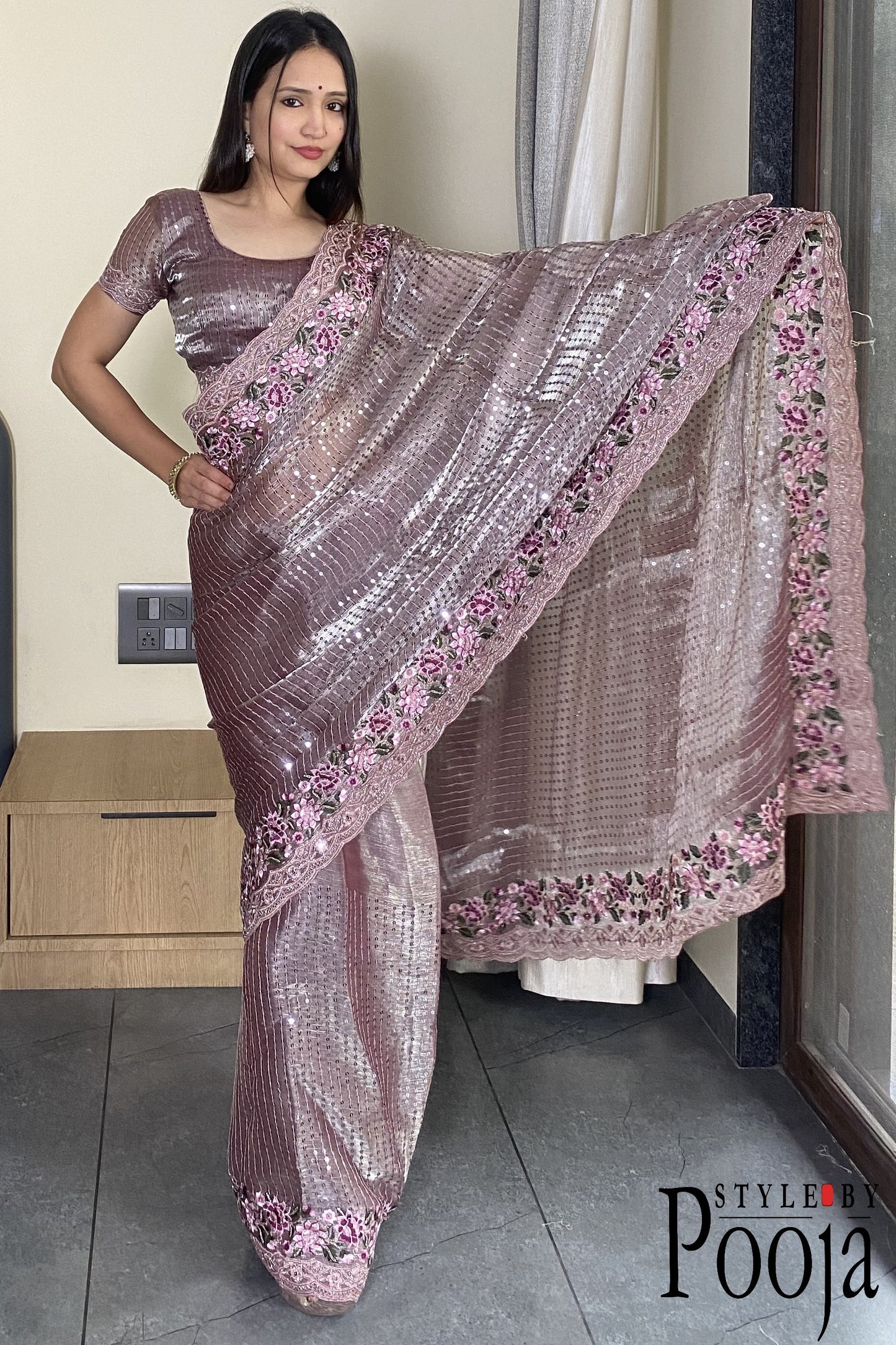 Pink Color Heavy Thread Zari With Coding Sequins Work Designer Saree