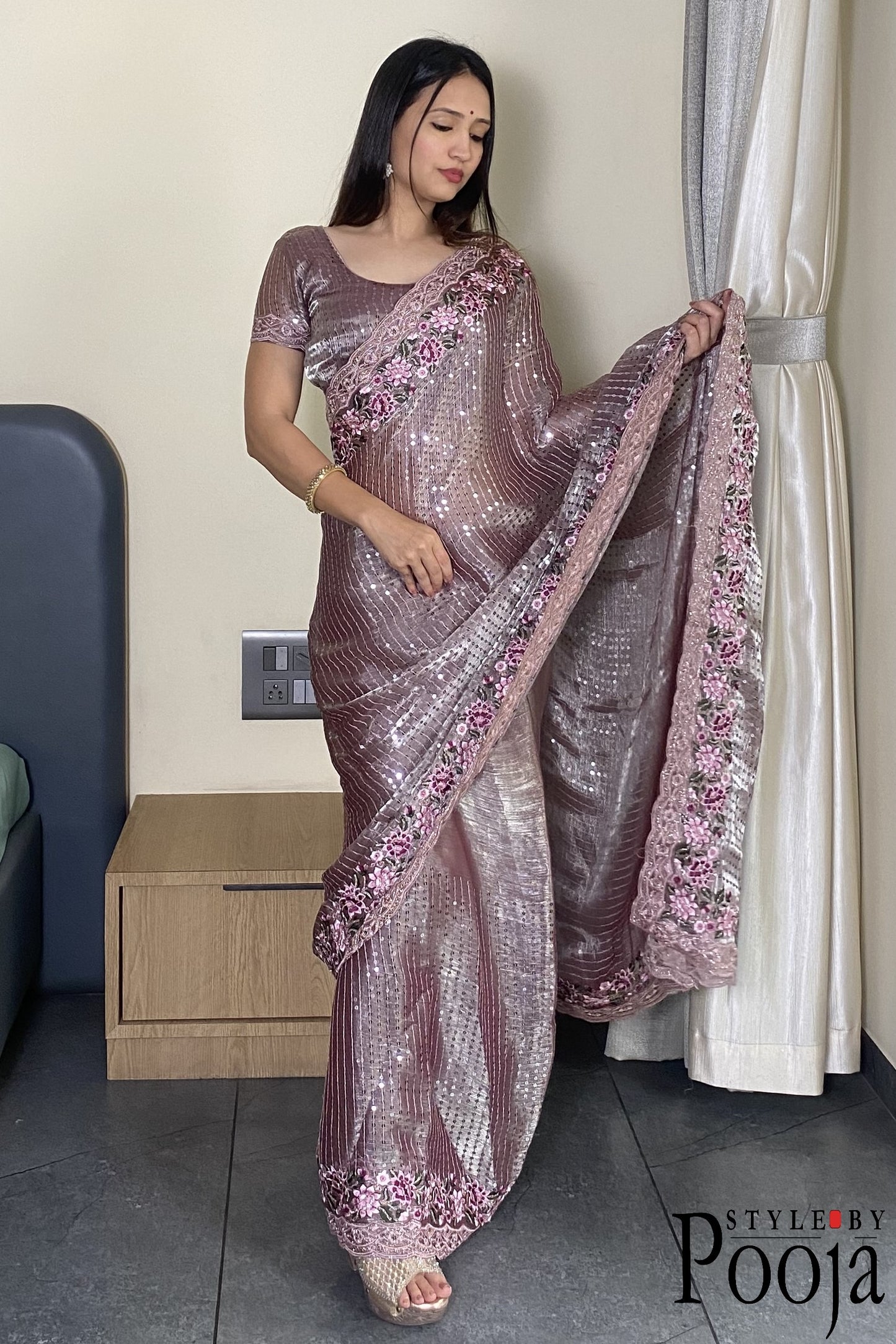 Pink Color Heavy Thread Zari With Coding Sequins Work Designer Saree