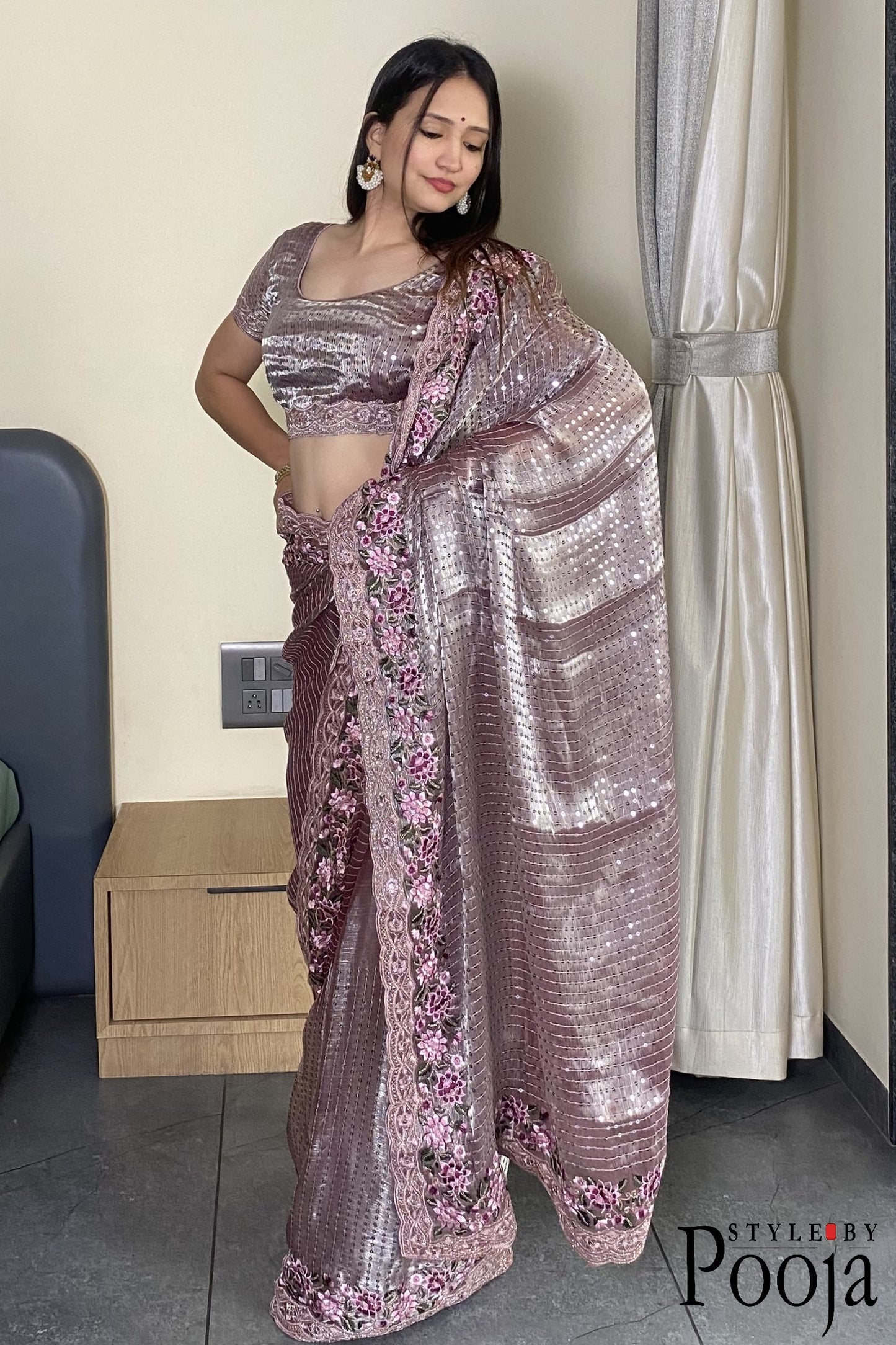 Pink Color Heavy Thread Zari With Coding Sequins Work Designer Saree