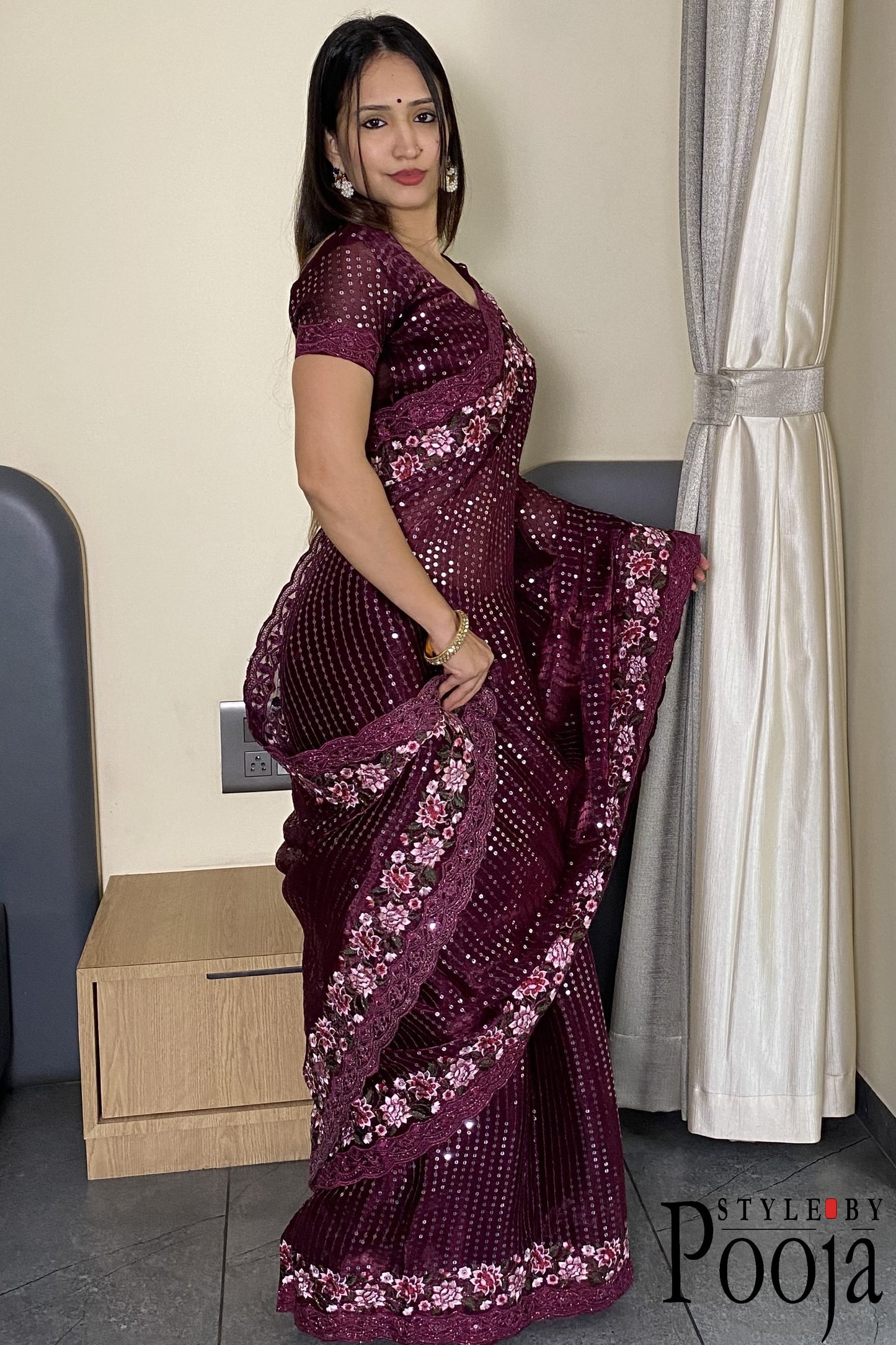 Wine Jimmy Choo Heavy Premium Party Wear Saree with Heavy Work