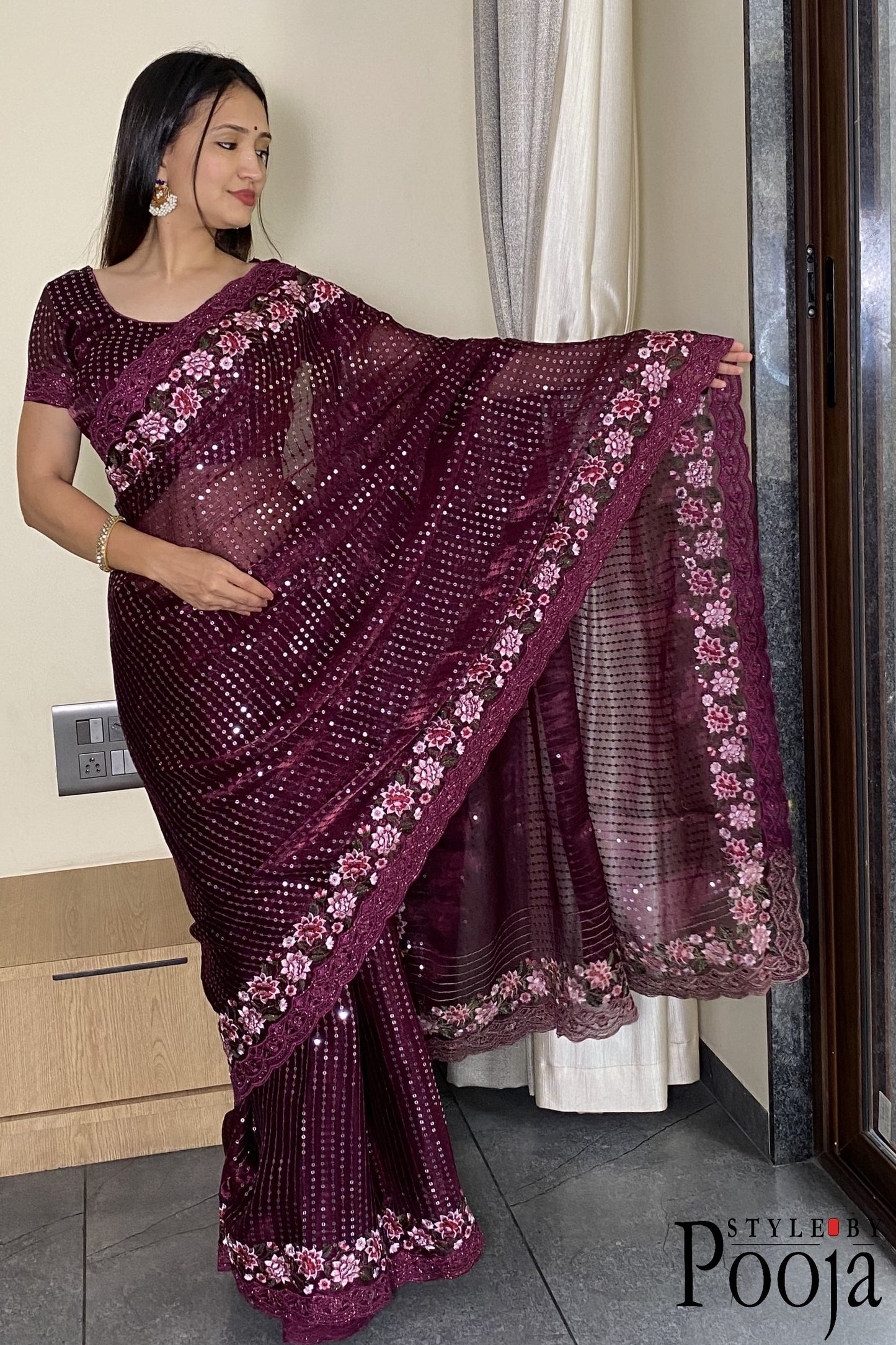 Wine Jimmy Choo Heavy Premium Party Wear Saree with Heavy Work