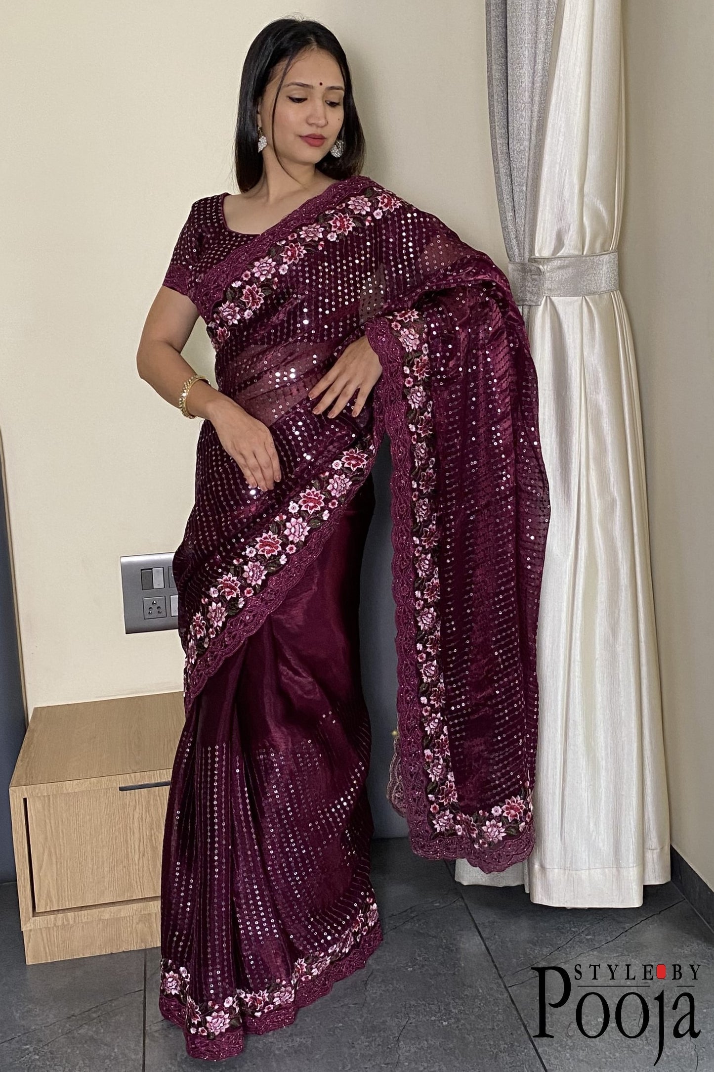 Wine Jimmy Choo Heavy Premium Party Wear Saree with Heavy Work