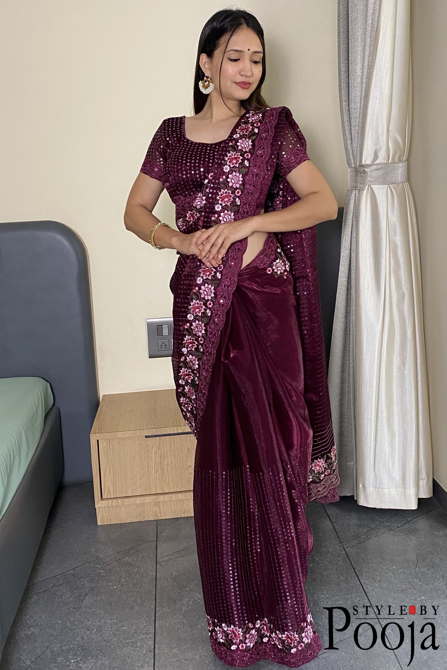 Wine Jimmy Choo Heavy Premium Party Wear Saree with Heavy Work