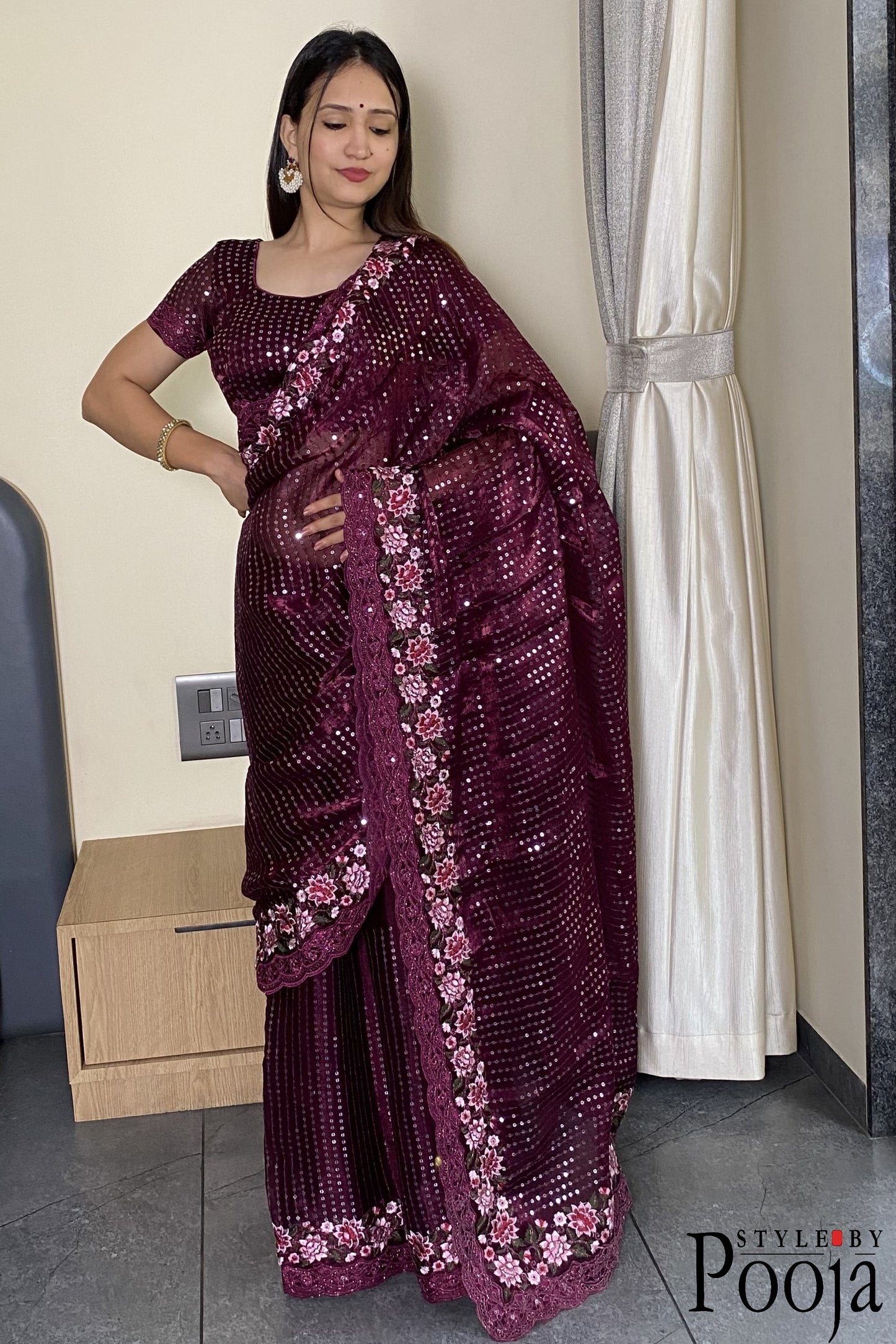 Wine Jimmy Choo Heavy Premium Party Wear Saree with Heavy Work