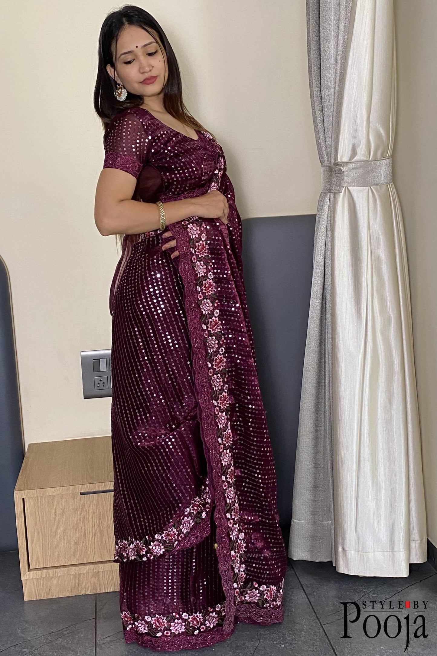 Wine Jimmy Choo Heavy Premium Party Wear Saree with Heavy Work
