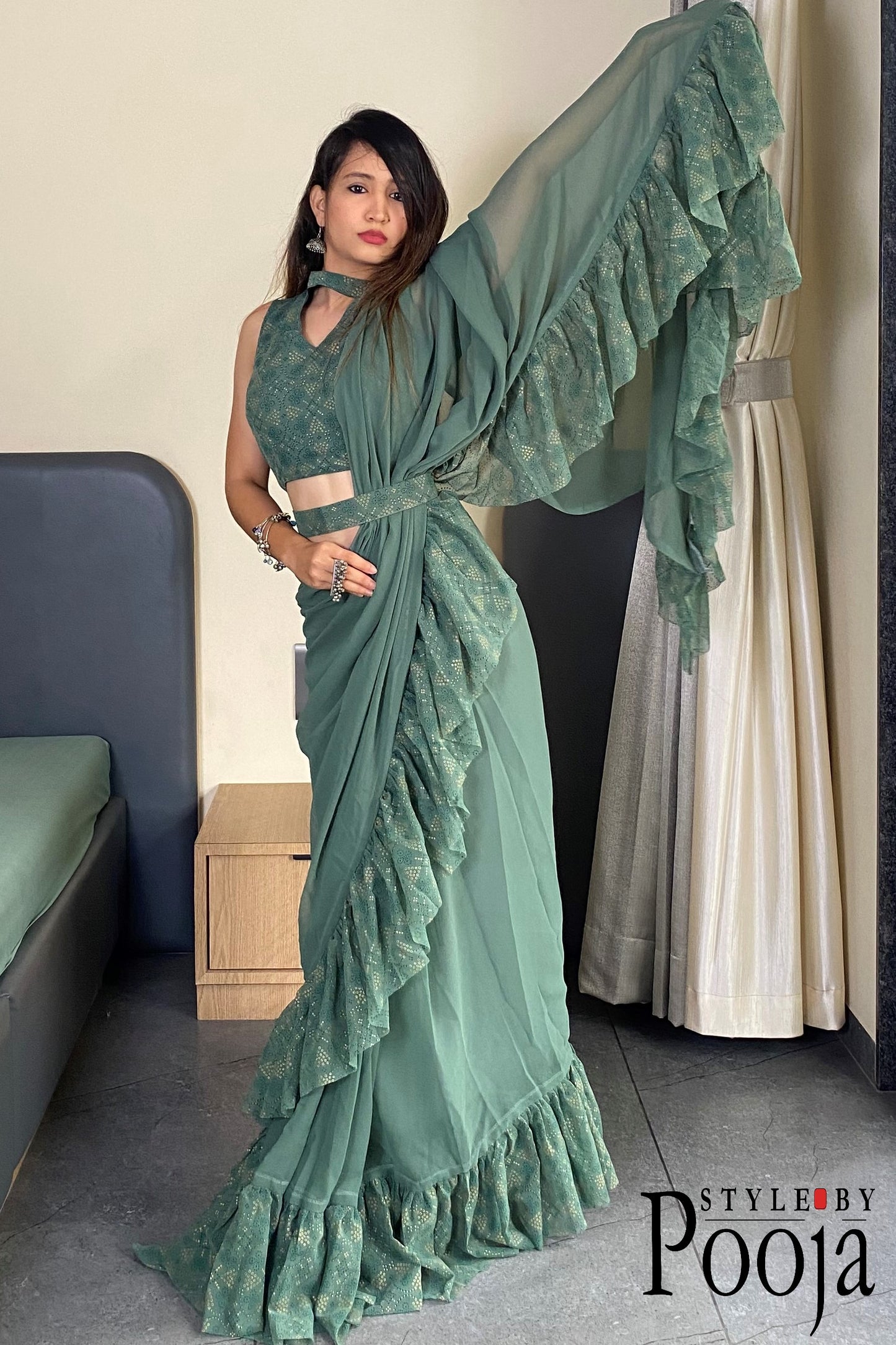 1 Min Ready to Wear Ruffle Saree