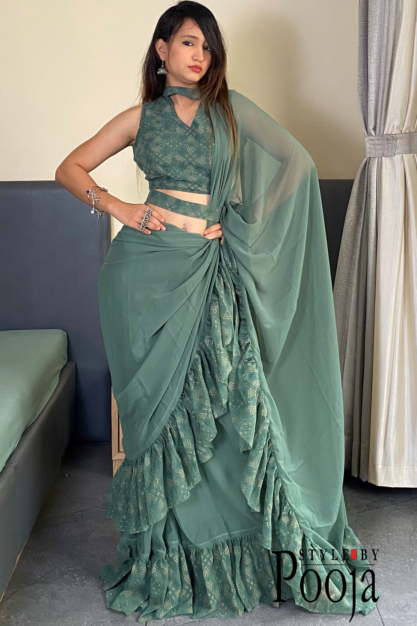 1 Min Ready to Wear Ruffle Saree