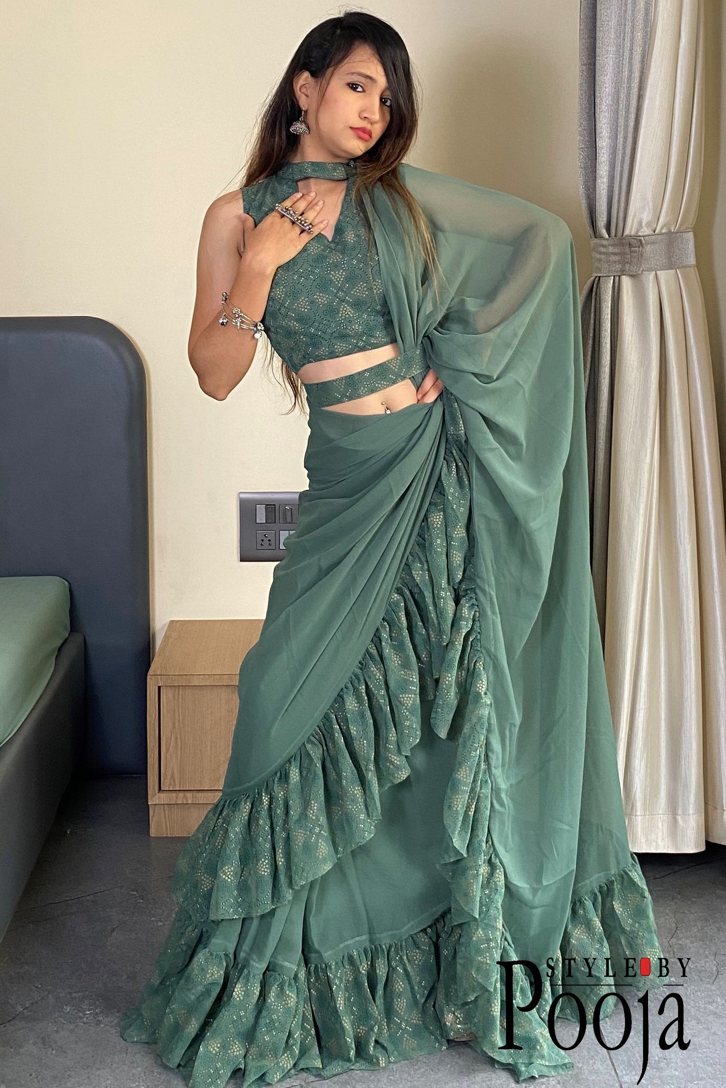 1 Min Ready to Wear Ruffle Saree