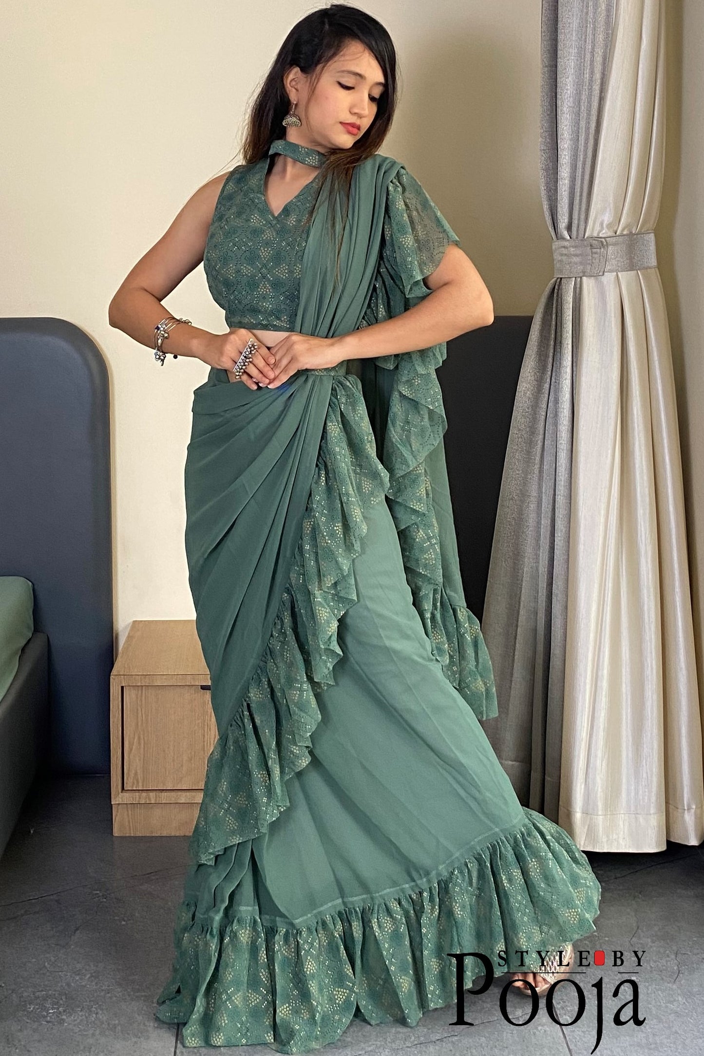 1 Min Ready to Wear Ruffle Saree