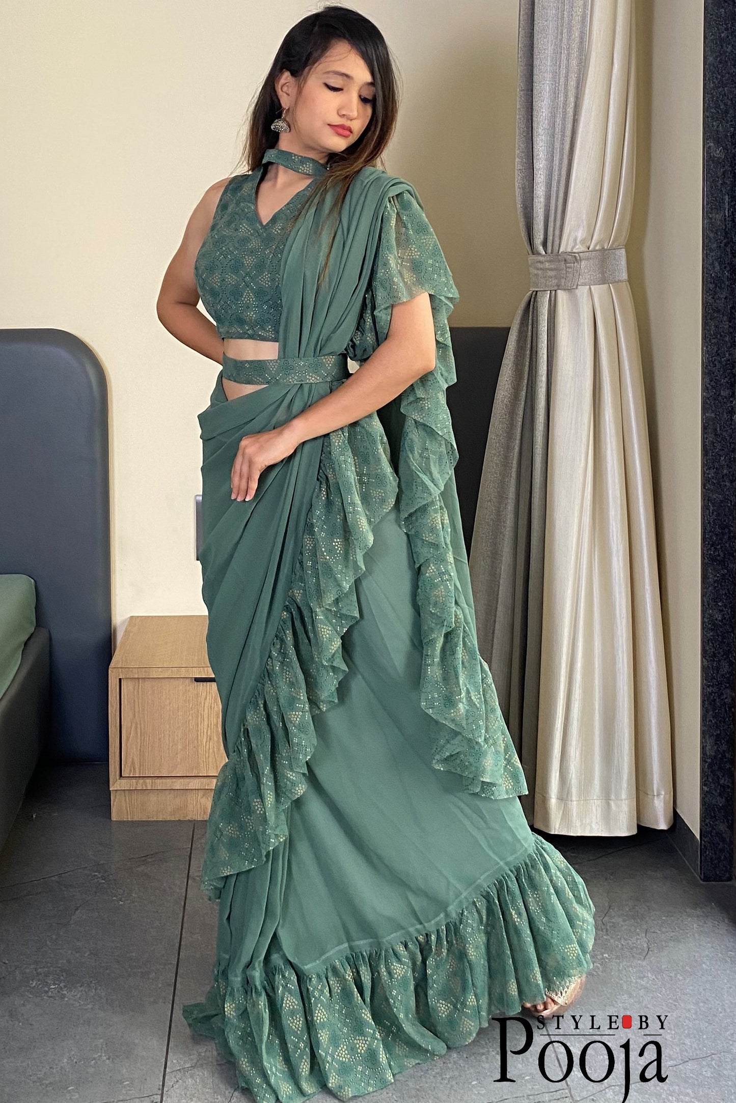 1 Min Ready to Wear Ruffle Saree