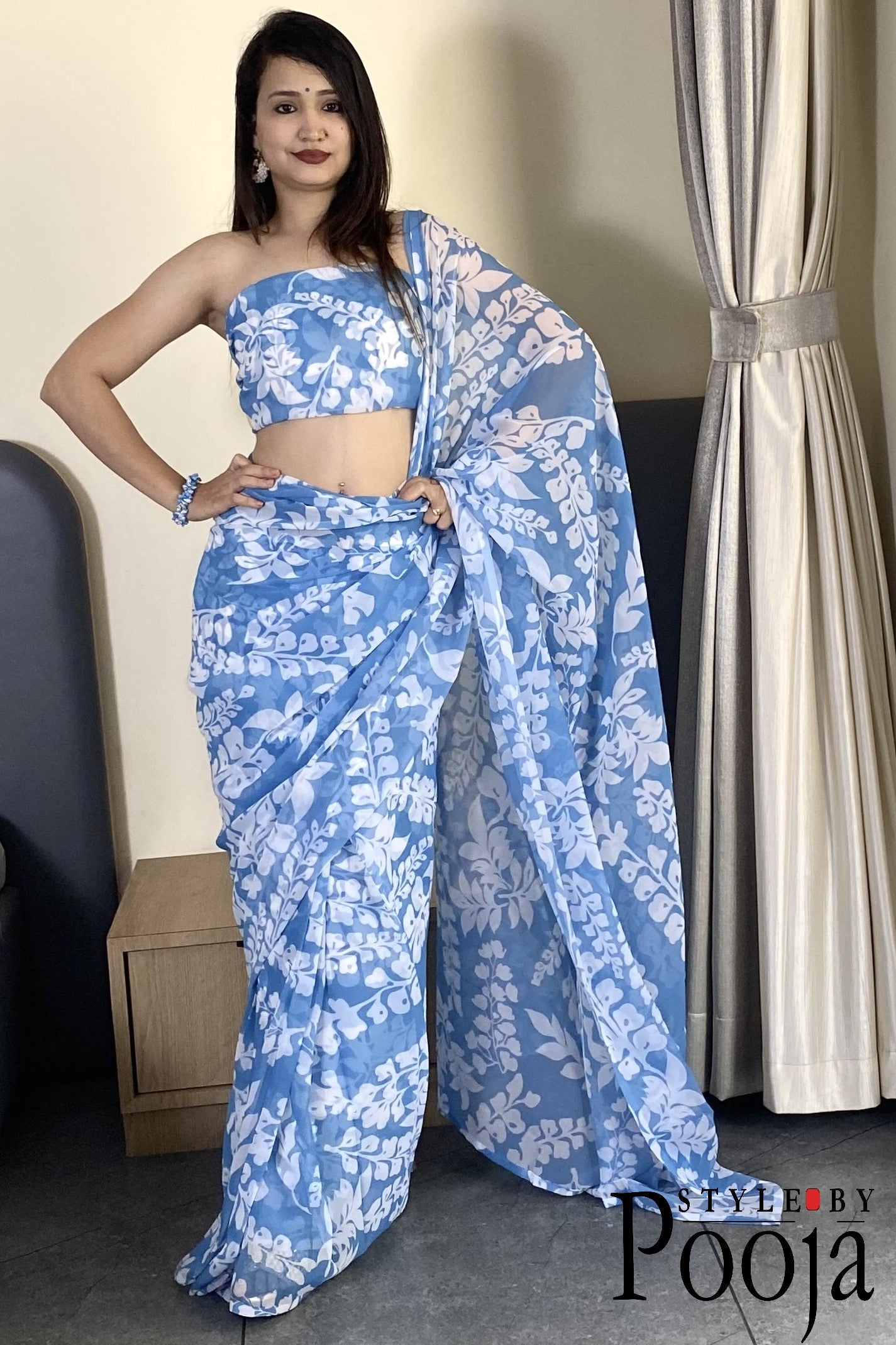 1 Min Ready to Wear Sky Blue Georgette Saree