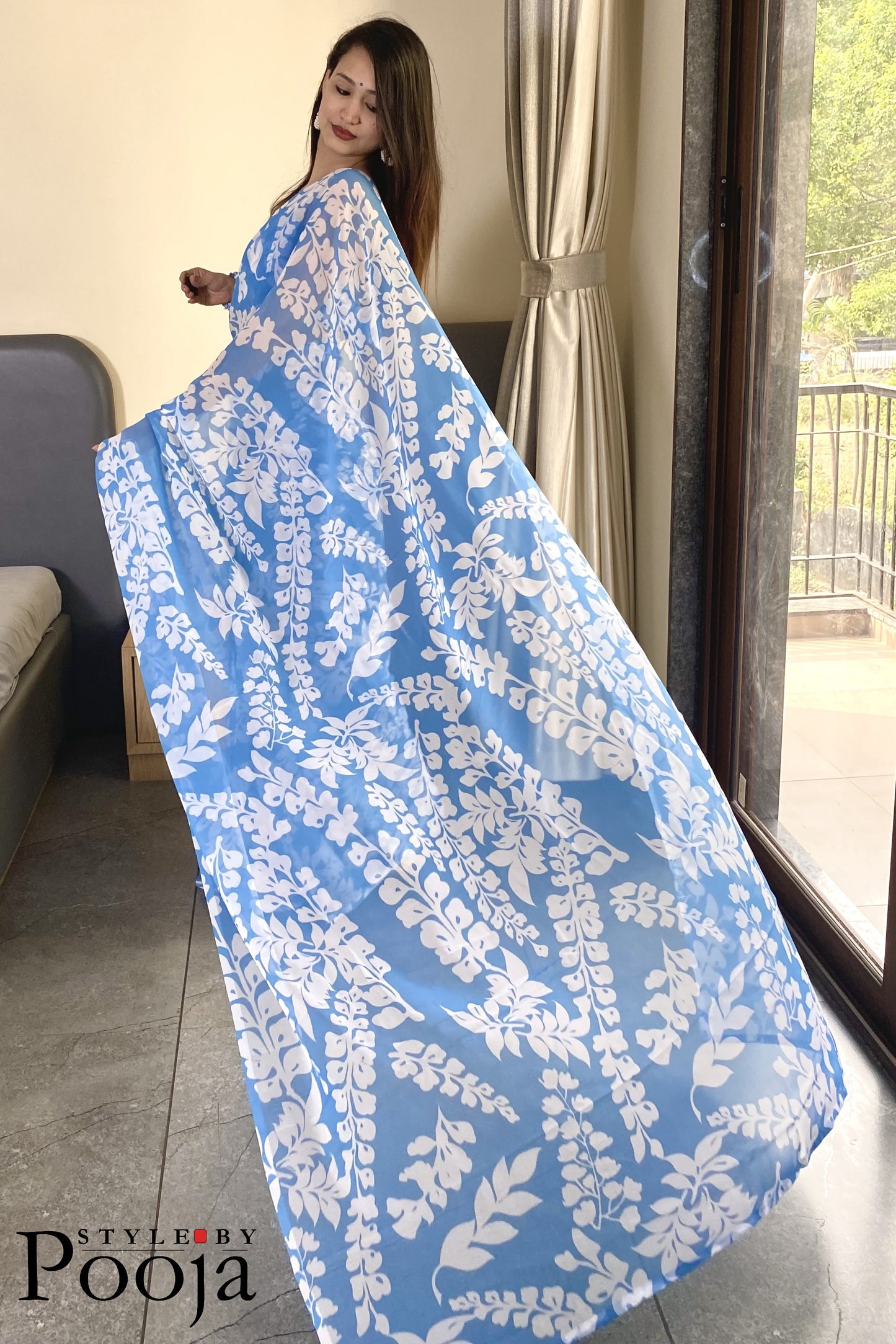 1 Min Ready to Wear Sky Blue Georgette Saree