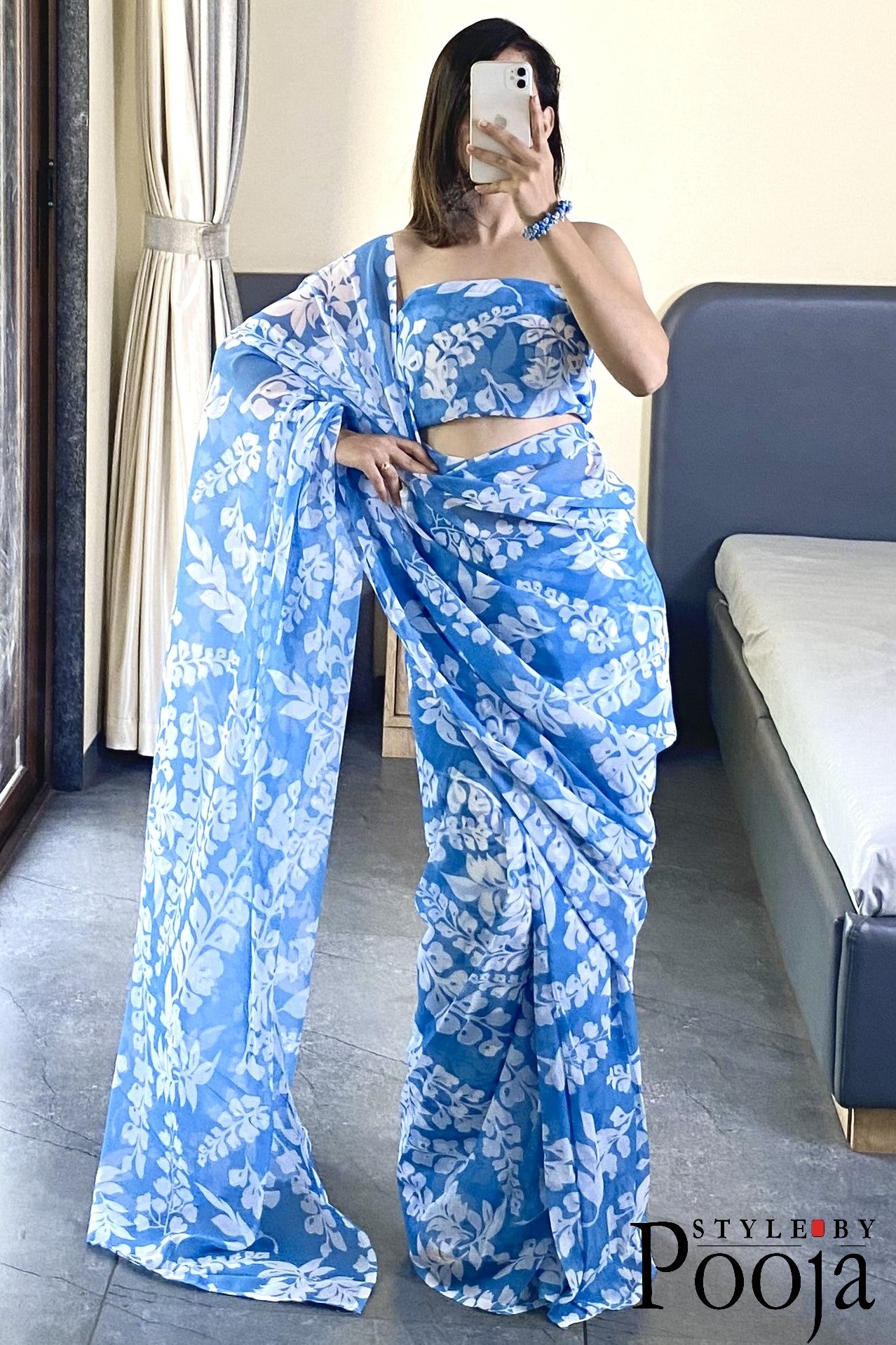 1 Min Ready to Wear Sky Blue Georgette Saree