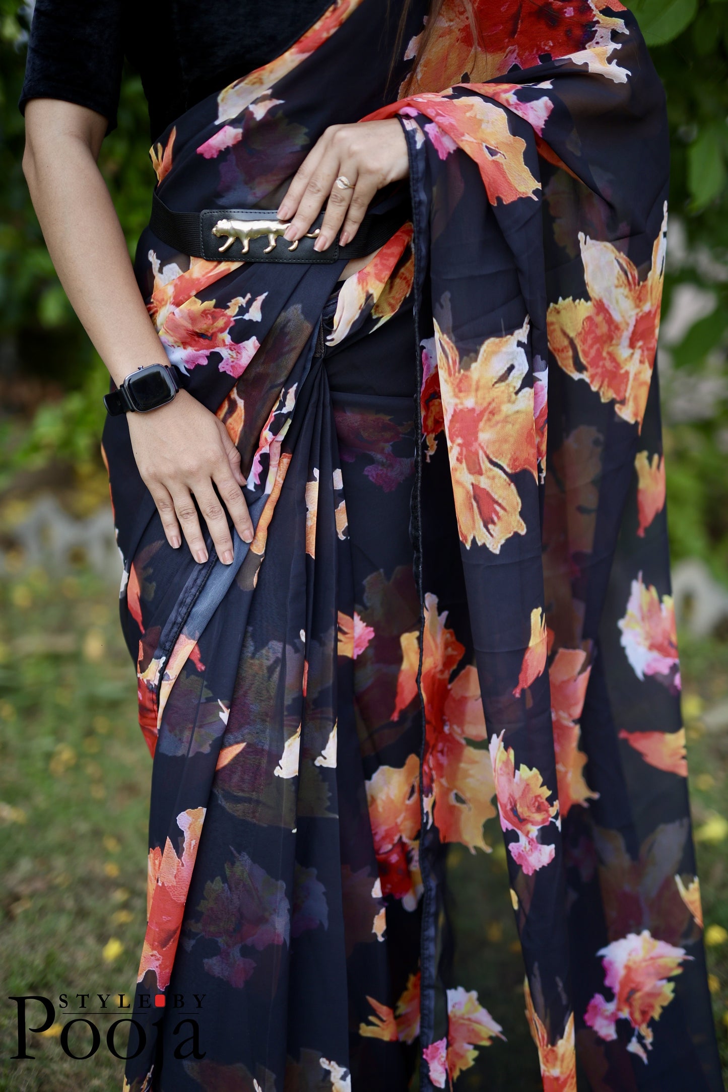 1 Min Ready to Wear Rashmika Mandana style Black Printed Saree
