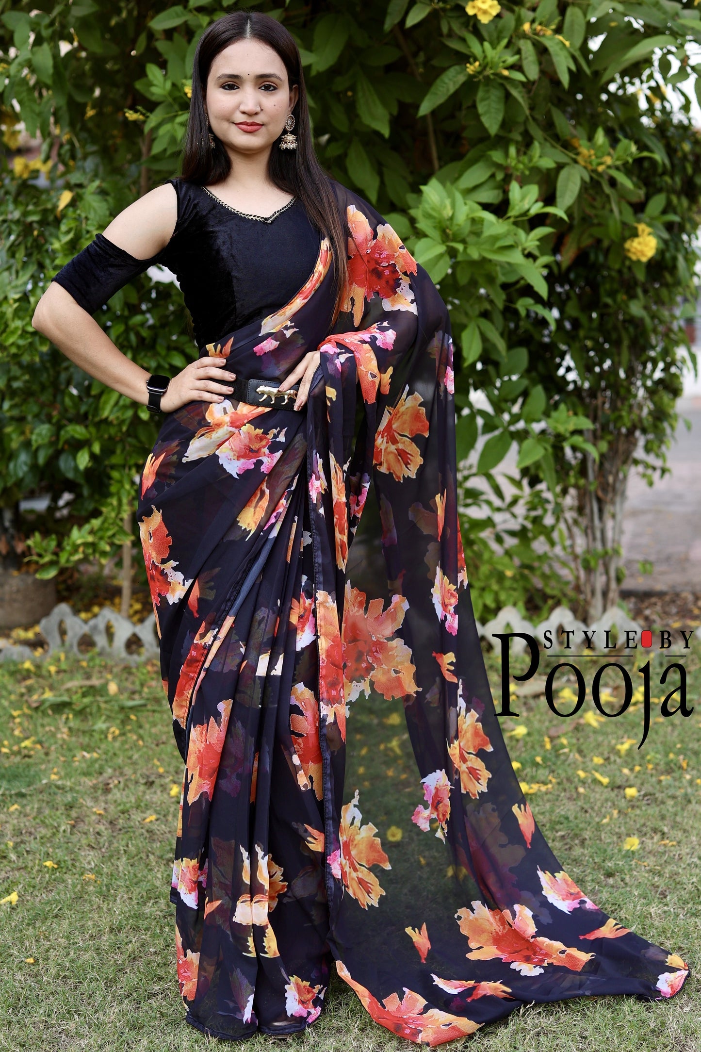 1 Min Ready to Wear Rashmika Mandana style Black Printed Saree
