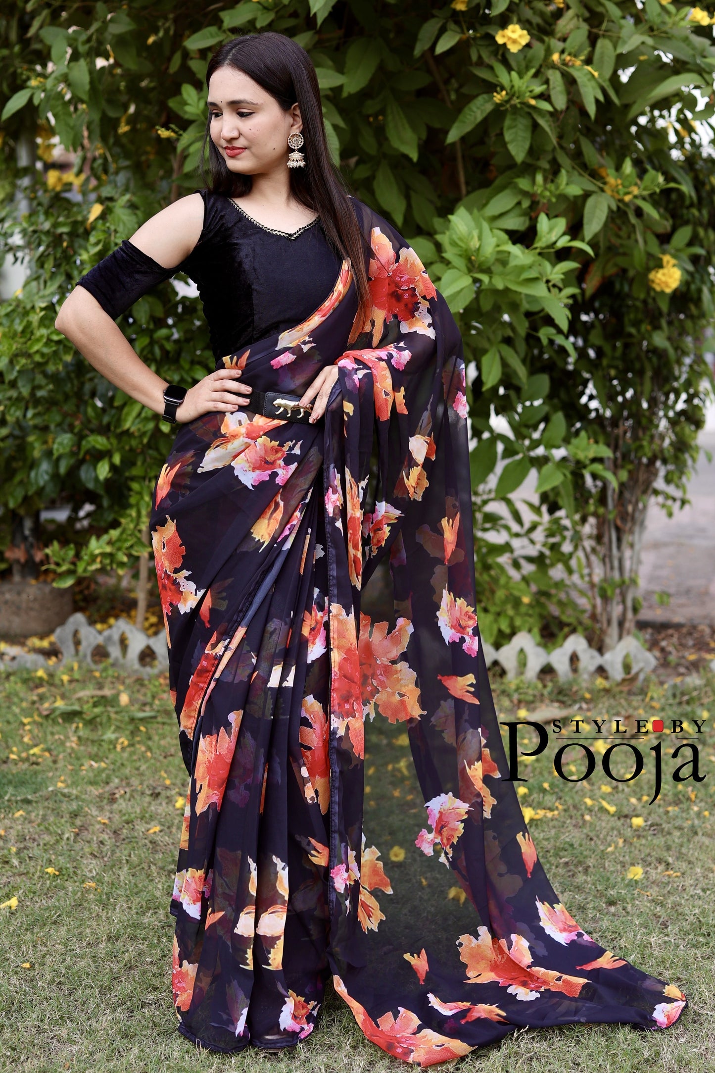 1 Min Ready to Wear Rashmika Mandana style Black Printed Saree