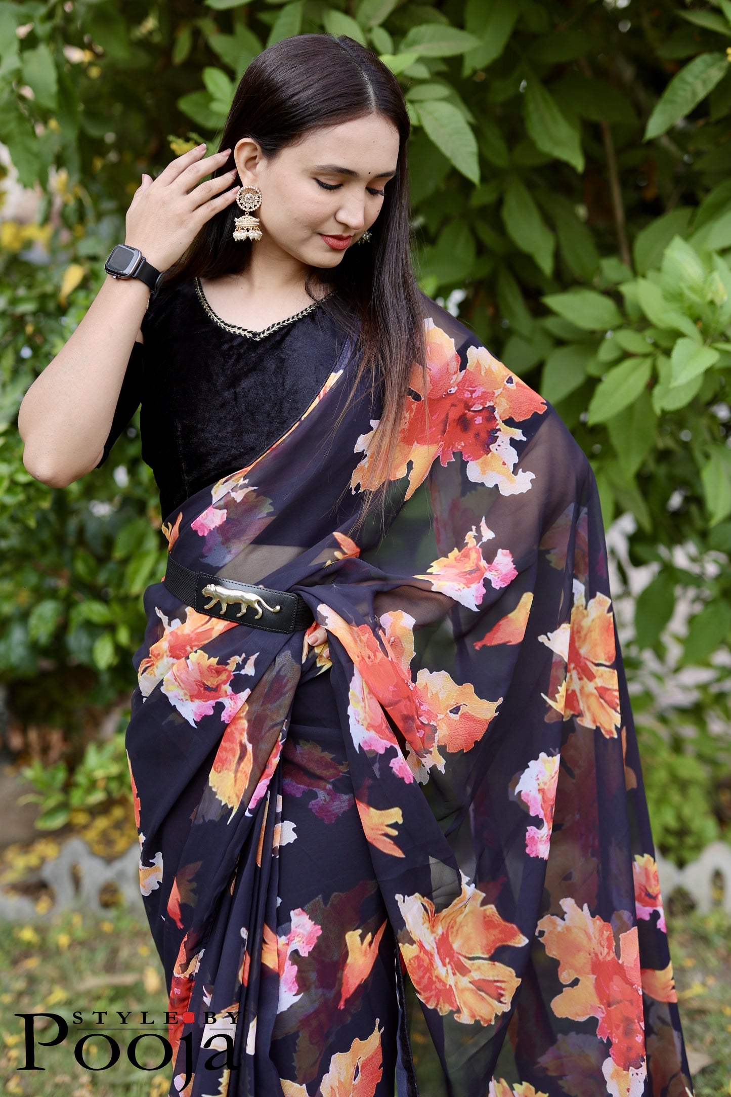 1 Min Ready to Wear Rashmika Mandana style Black Printed Saree