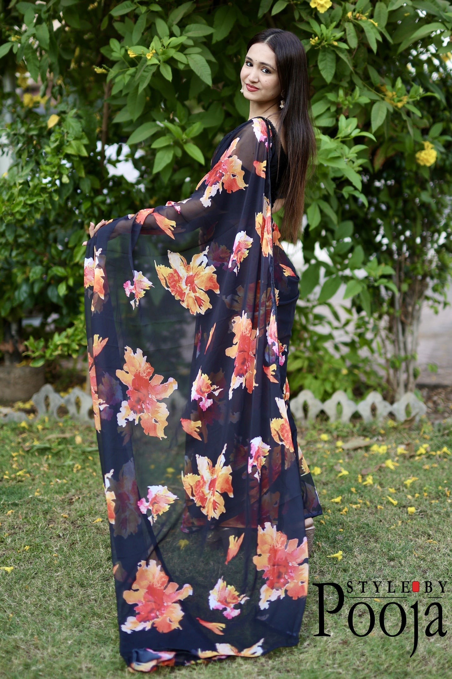 1 Min Ready to Wear Rashmika Mandana style Black Printed Saree