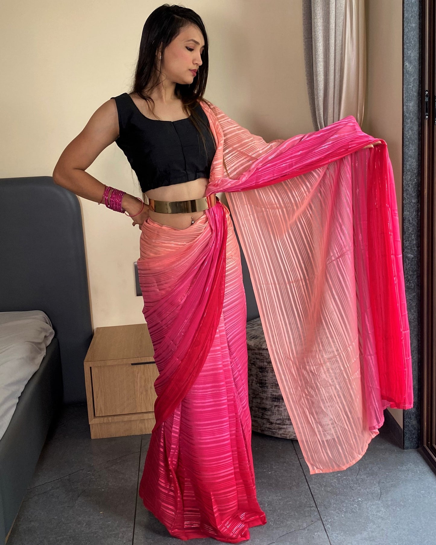 1-Min Ready to Wear Saree In Premium Pink Chiffon