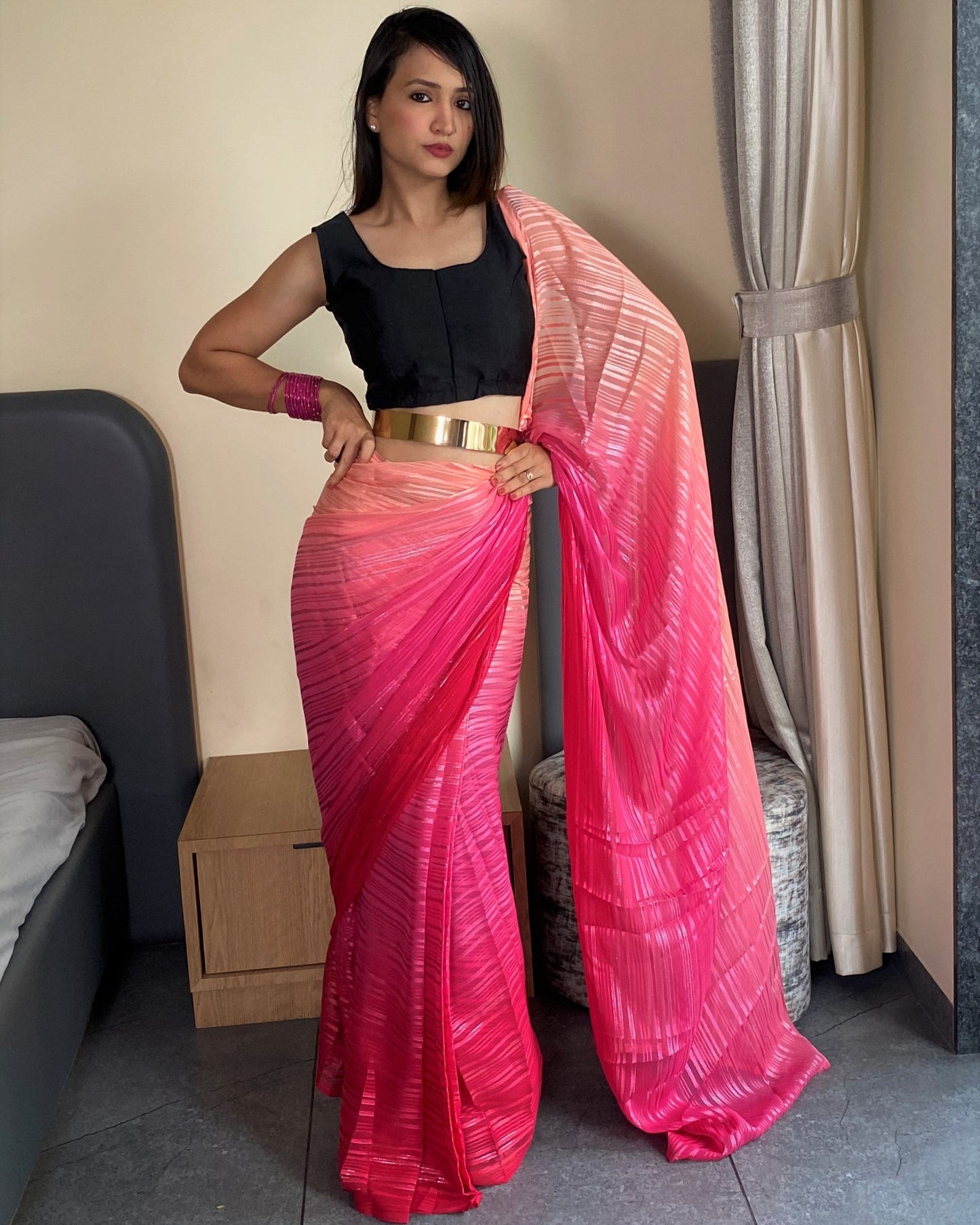 1-Min Ready to Wear Saree In Premium Pink Chiffon
