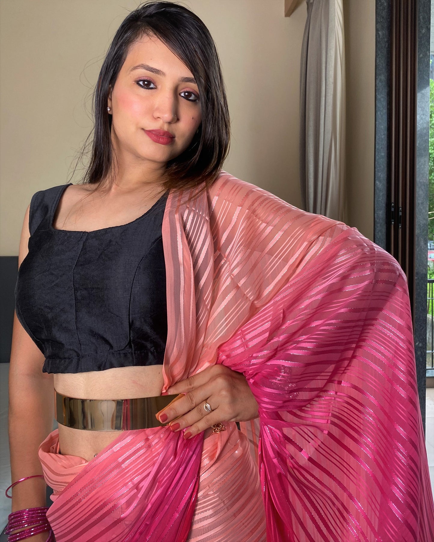 1-Min Ready to Wear Saree In Premium Pink Chiffon