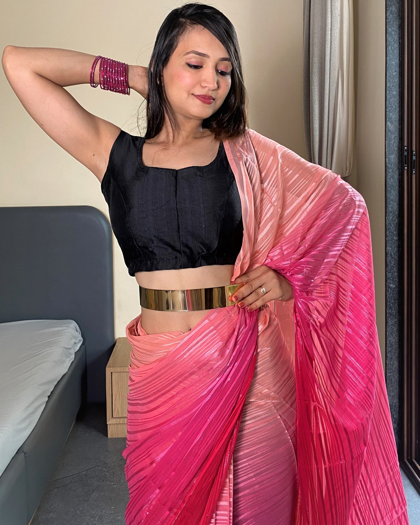 1-Min Ready to Wear Saree In Premium Pink Chiffon