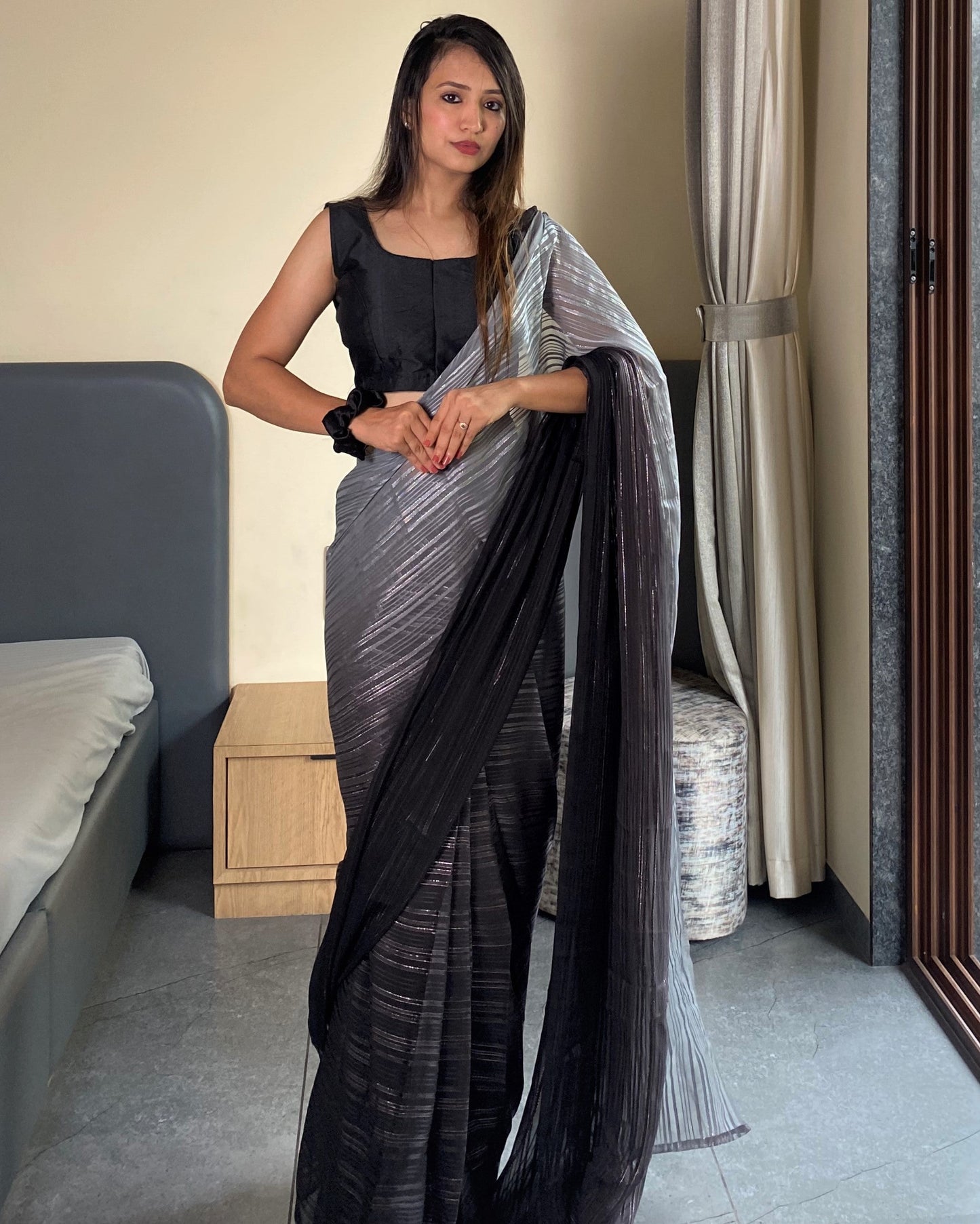 1-Min Ready To Wear Saree In Premium Black Chiffon