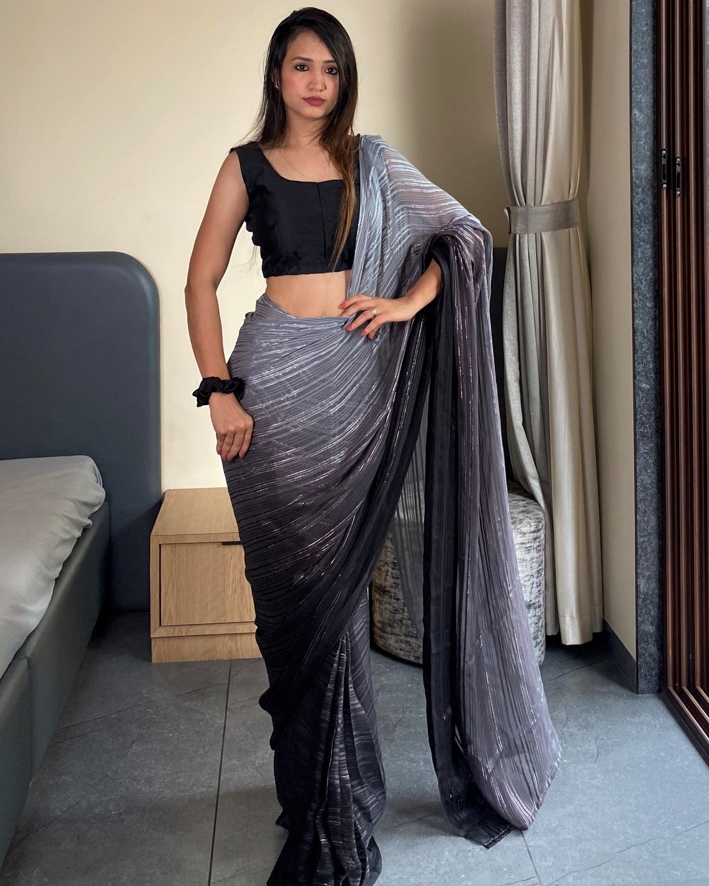 1-Min Ready To Wear Saree In Premium Black Chiffon