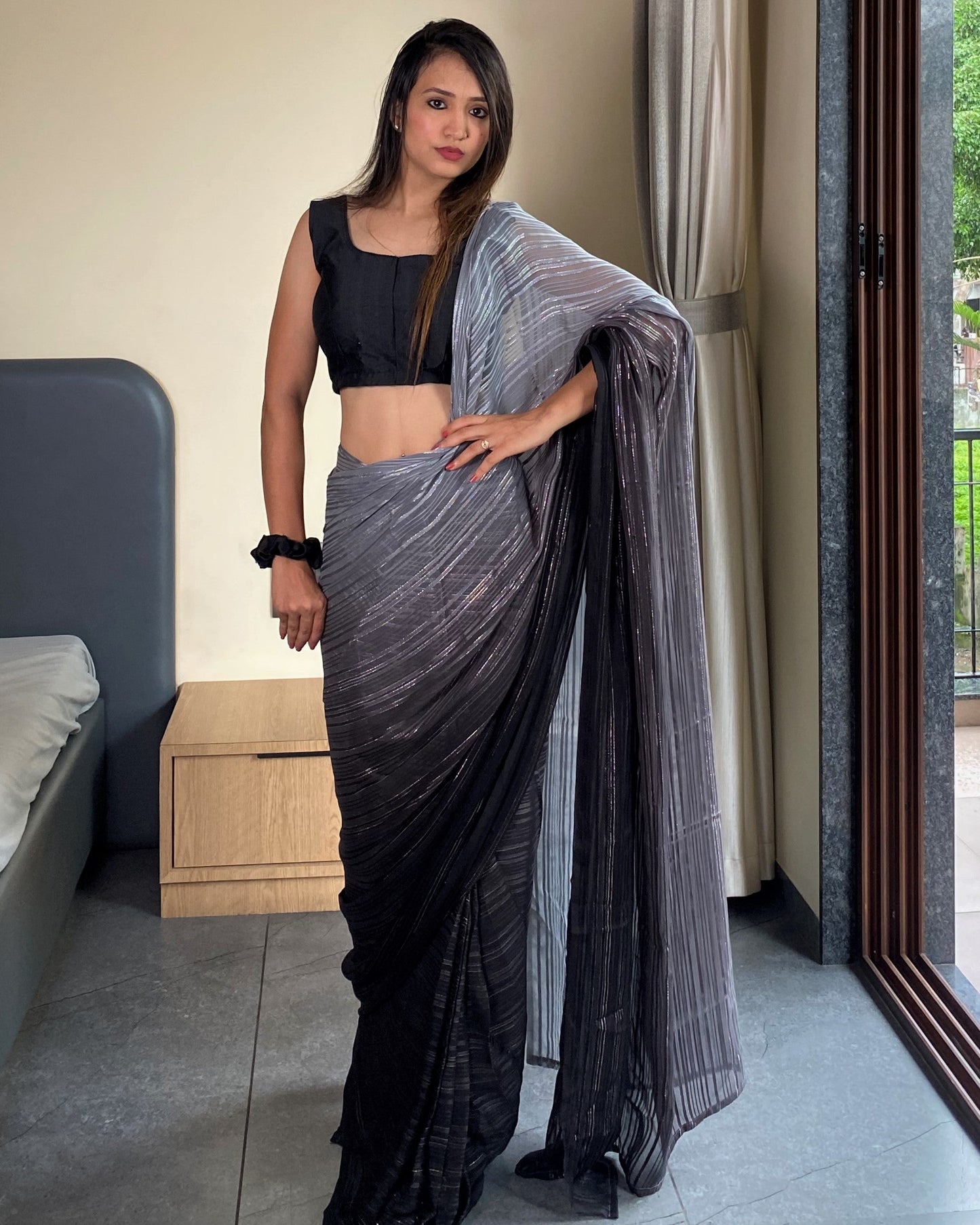 1-Min Ready To Wear Saree In Premium Black Chiffon