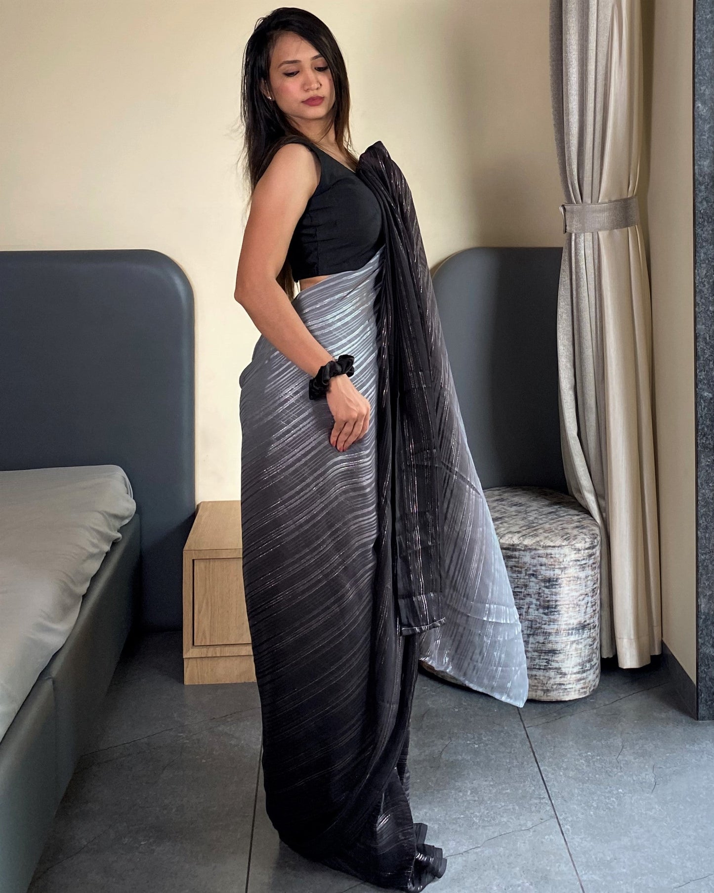 1-Min Ready To Wear Saree In Premium Black Chiffon