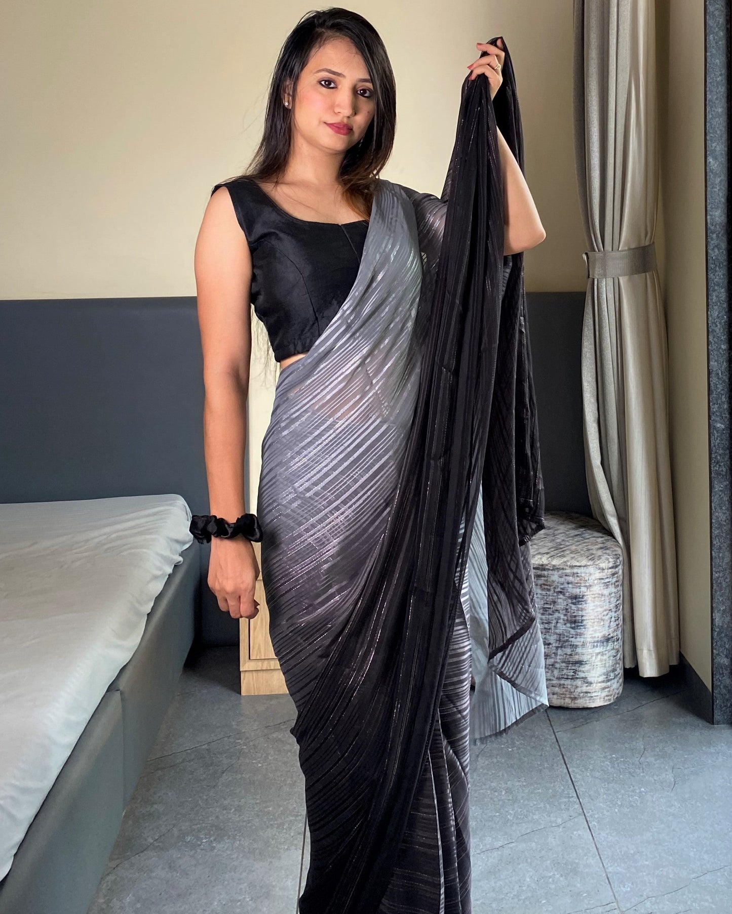 1-Min Ready To Wear Saree In Premium Black Chiffon