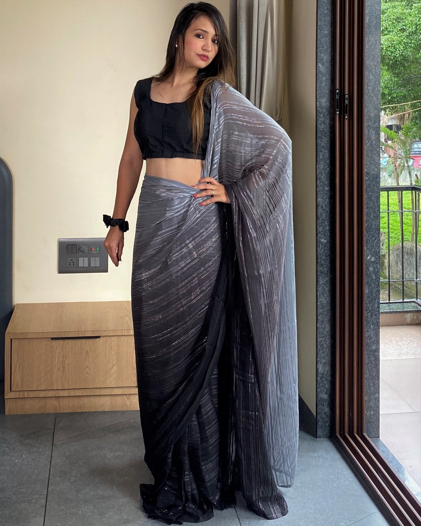1-Min Ready To Wear Saree In Premium Black Chiffon