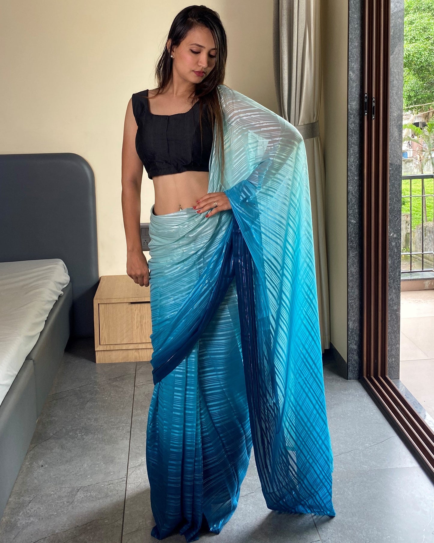 1-Min Ready to Wear Saree in Premium Sky Blue Chiffon