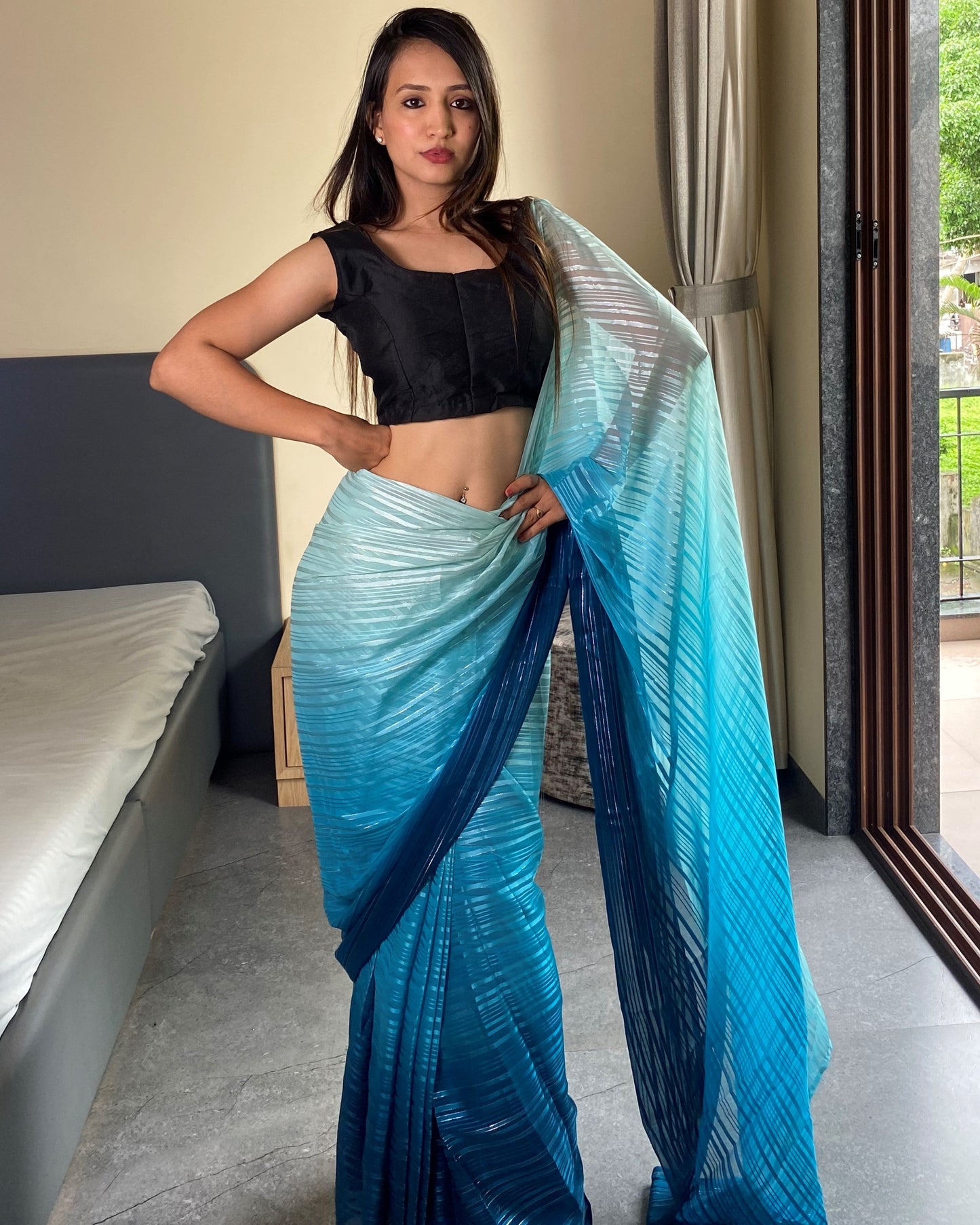 1-Min Ready to Wear Saree in Premium Sky Blue Chiffon