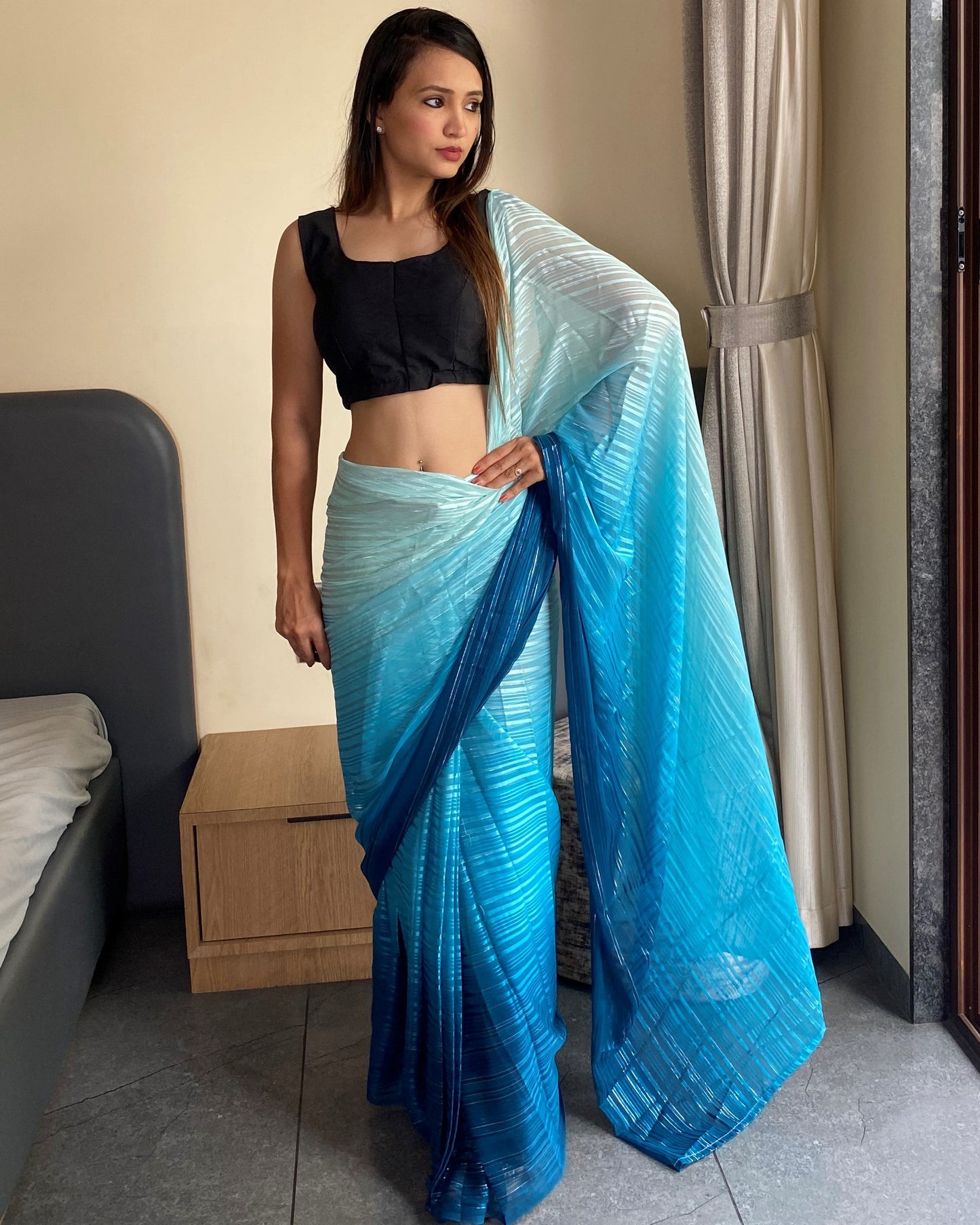 1-Min Ready to Wear Saree in Premium Sky Blue Chiffon