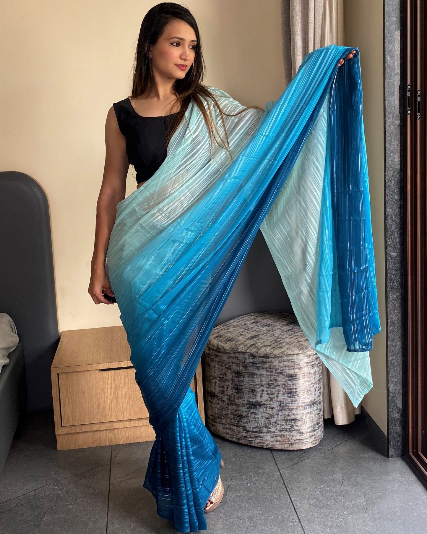 1-Min Ready to Wear Saree in Premium Sky Blue Chiffon