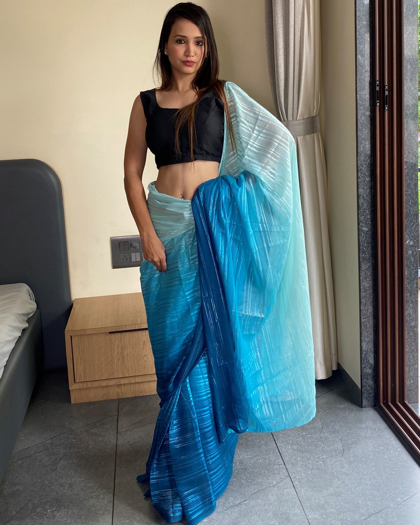 1-Min Ready to Wear Saree in Premium Sky Blue Chiffon